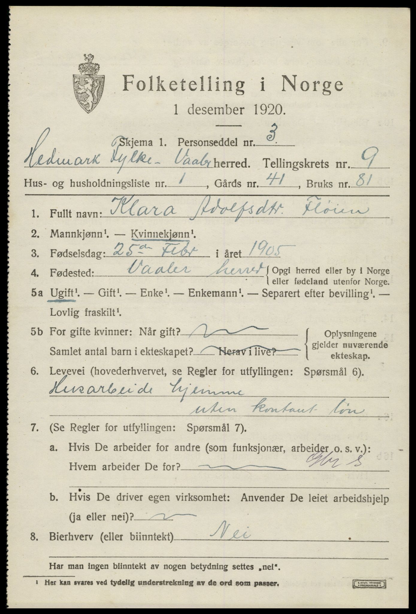 SAH, 1920 census for Våler (Hedmark), 1920, p. 9253