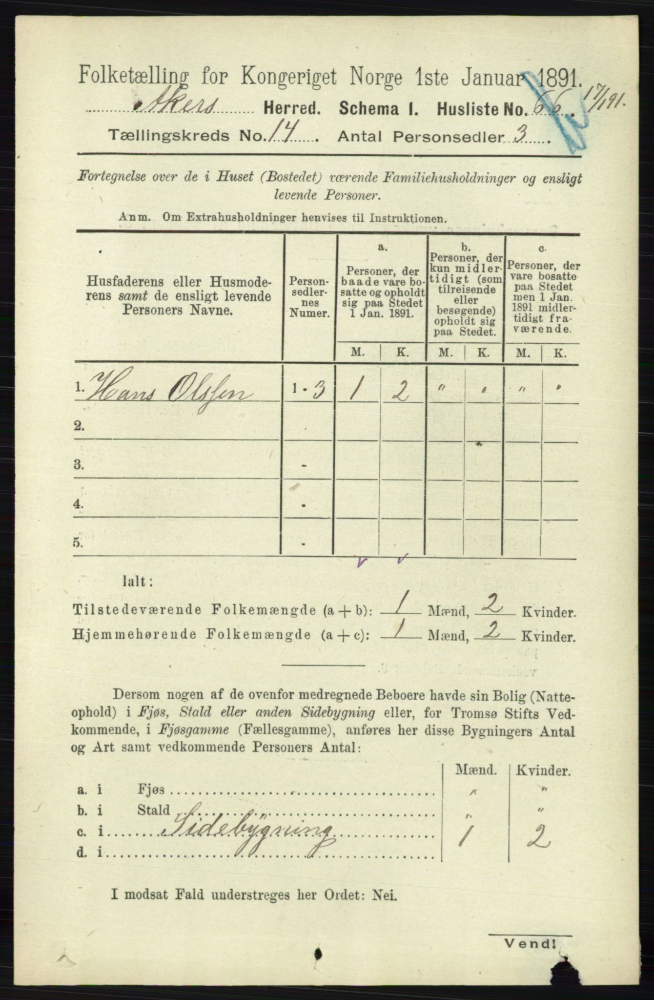 RA, 1891 census for 0218 Aker, 1891, p. 12730