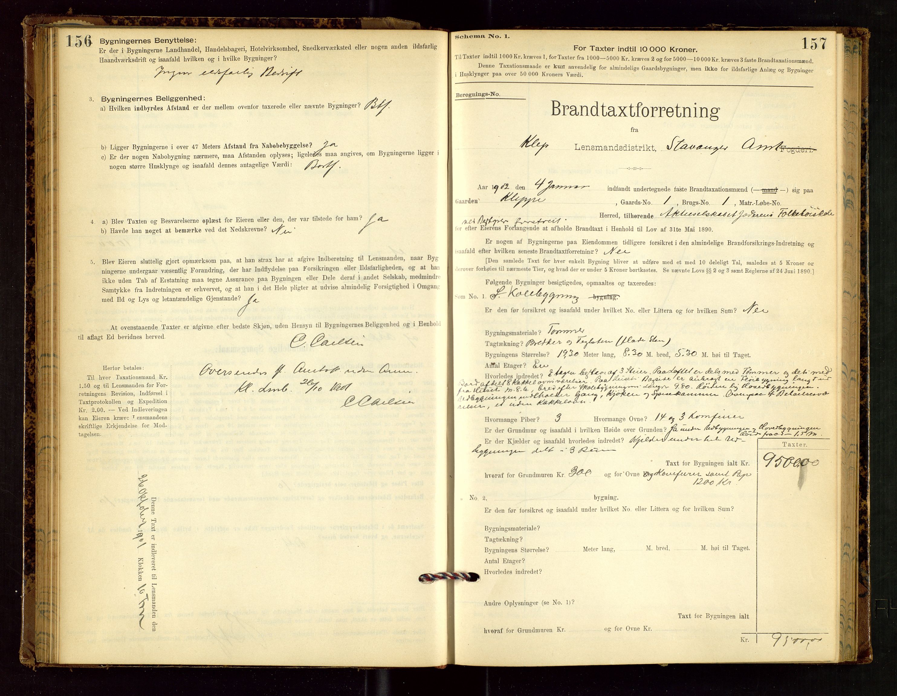 Klepp lensmannskontor, SAST/A-100163/Goc/L0002: "Brandtaxationsprotokol" m/register, 1898-1902, p. 156-157
