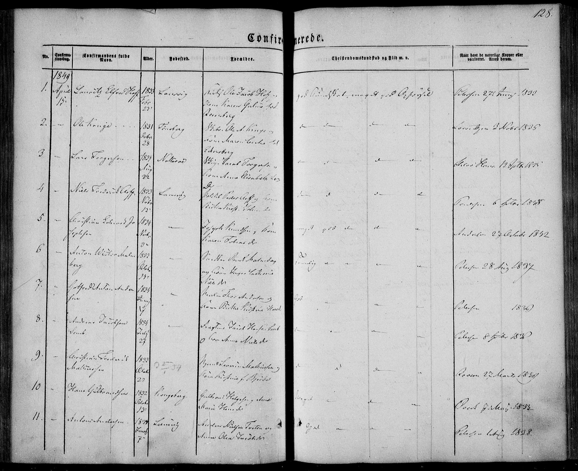 Larvik kirkebøker, AV/SAKO-A-352/F/Fa/L0003: Parish register (official) no. I 3, 1848-1856, p. 128