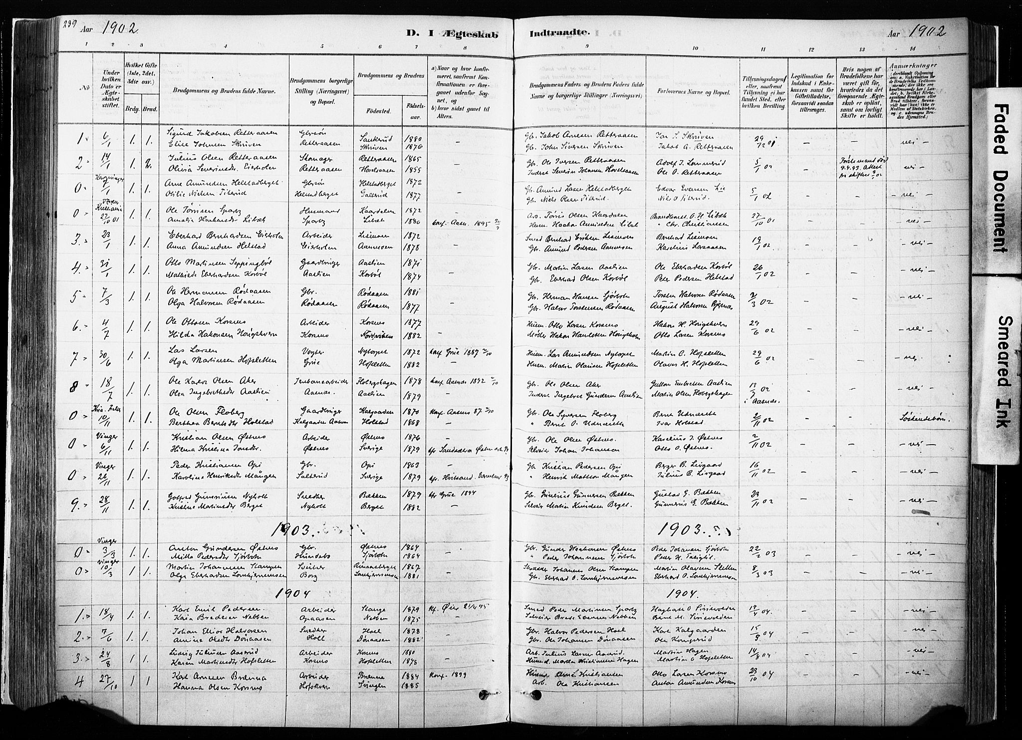 Hof prestekontor, SAH/PREST-038/H/Ha/Haa/L0010: Parish register (official) no. 10, 1878-1909, p. 239