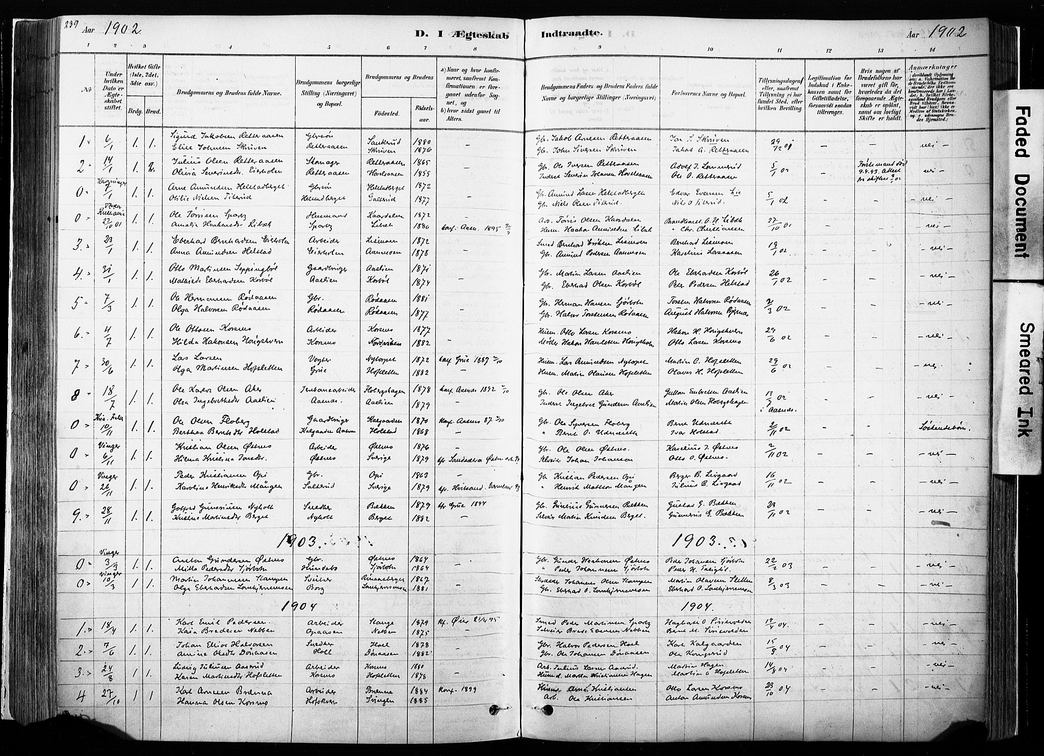 Hof prestekontor, AV/SAH-PREST-038/H/Ha/Haa/L0010: Parish register (official) no. 10, 1878-1909, p. 239