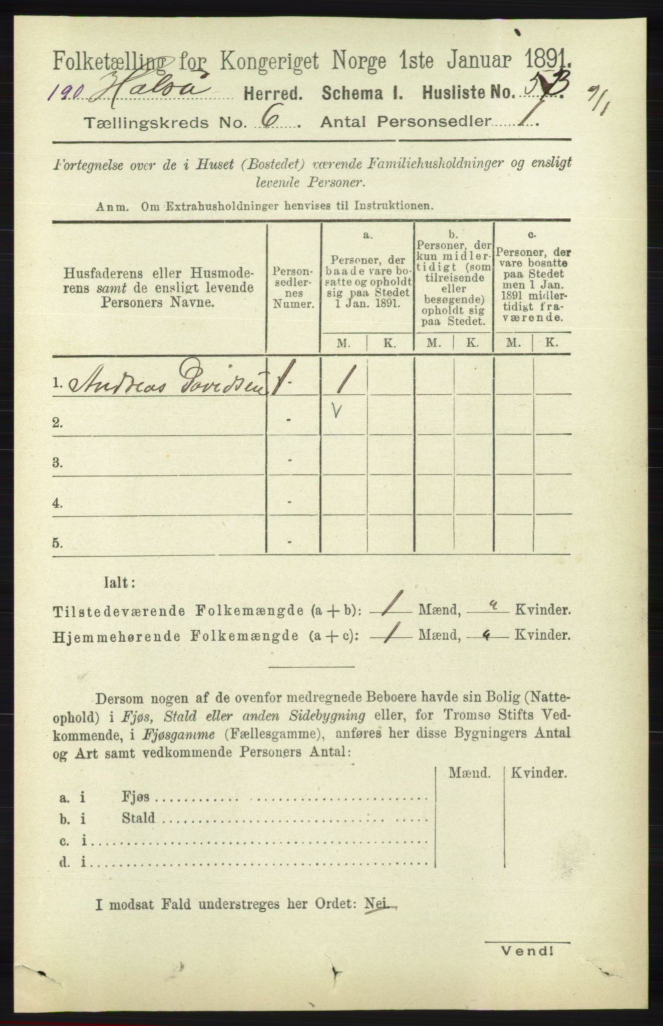 RA, 1891 census for 1019 Halse og Harkmark, 1891, p. 2365