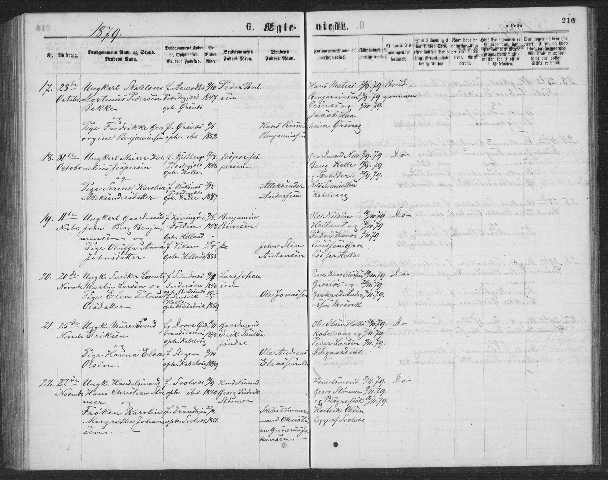 Ministerialprotokoller, klokkerbøker og fødselsregistre - Nordland, AV/SAT-A-1459/874/L1075: Parish register (copy) no. 874C04, 1876-1883, p. 216