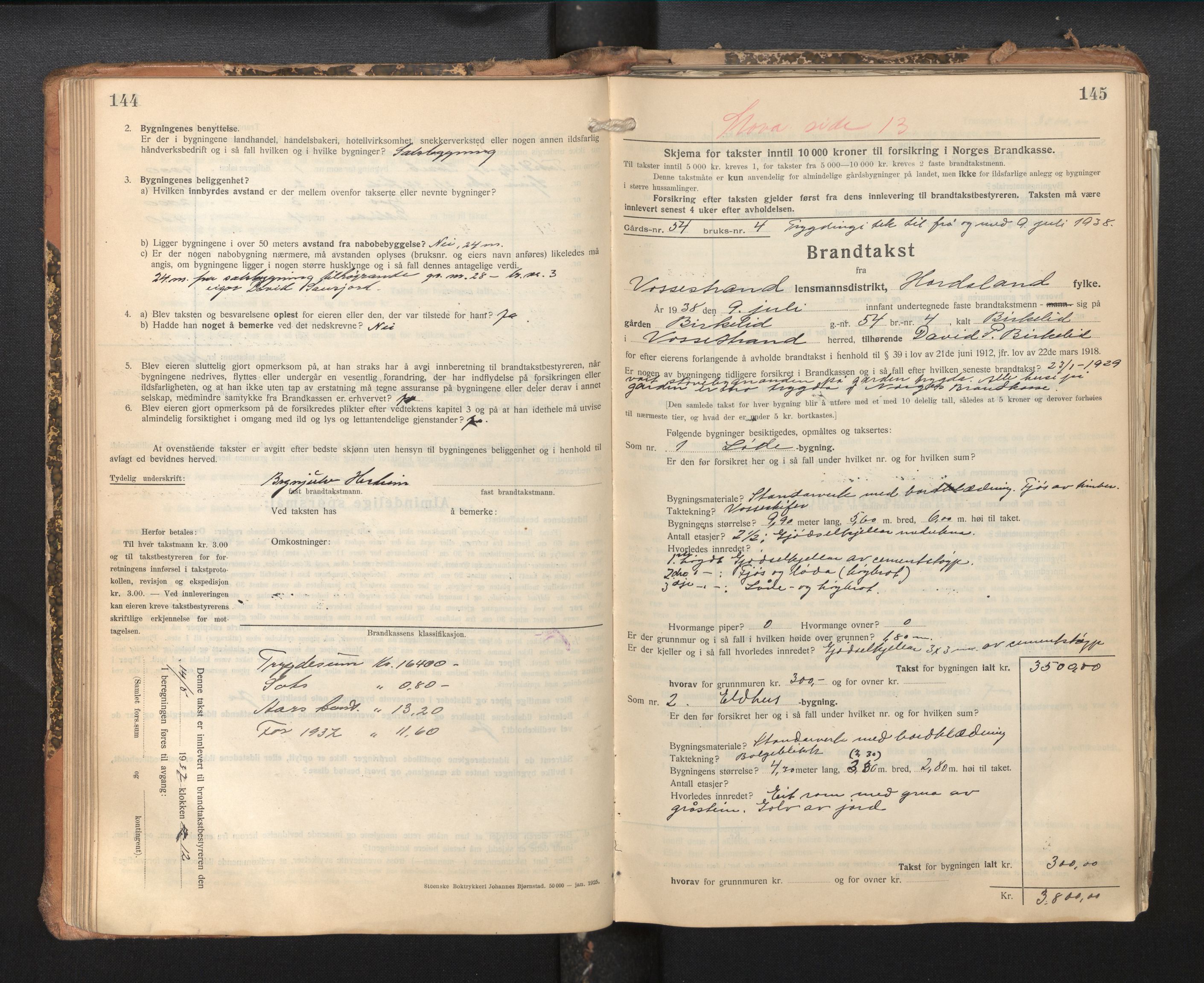 Lensmannen i Vossestrand, AV/SAB-A-35901/0012/L0002: Branntakstprotokoll, skjematakst, 1929-1955, p. 144-145