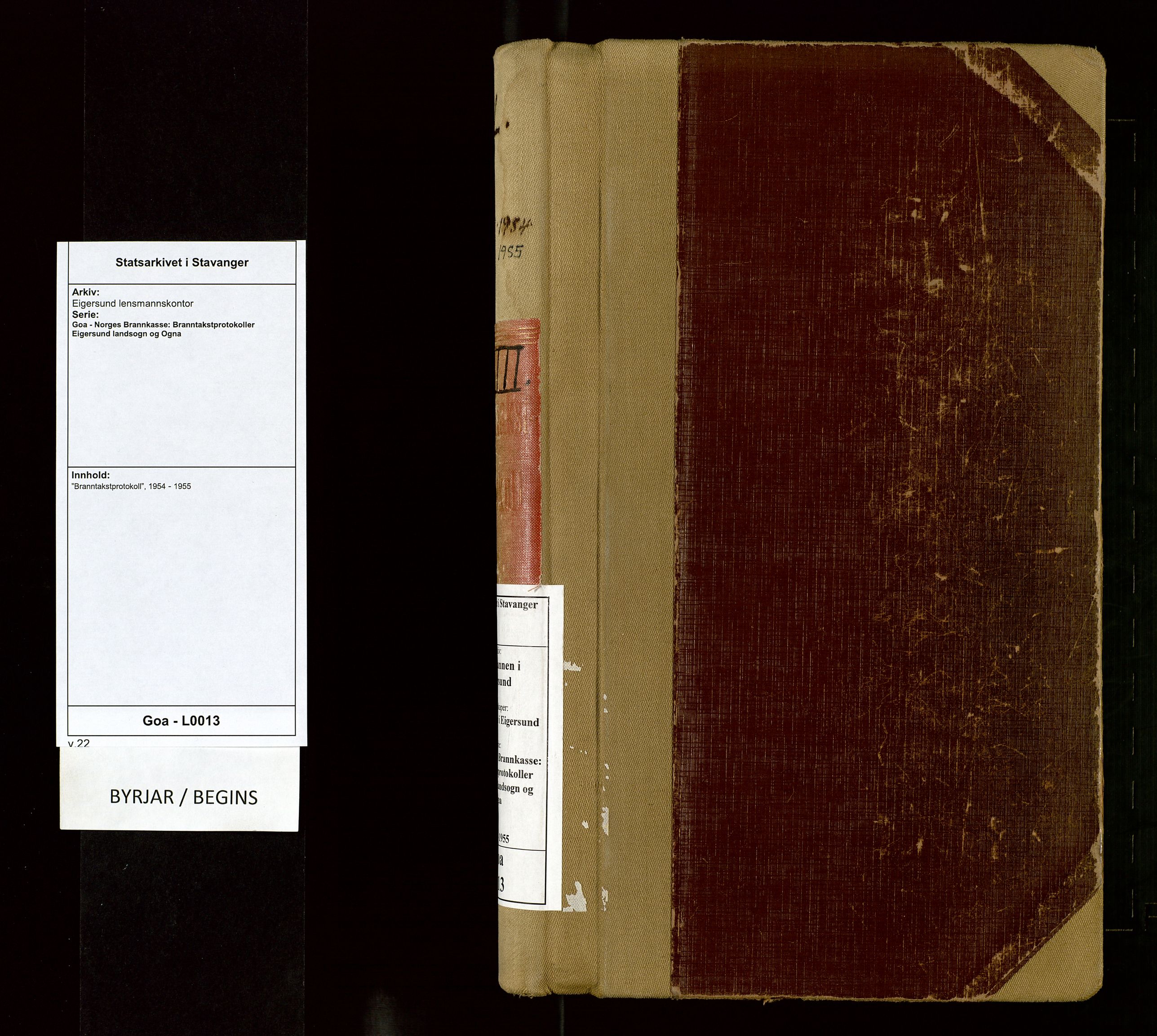 Eigersund lensmannskontor, AV/SAST-A-100171/Goa/L0013: "Branntakstprotokoll", 1954-1955