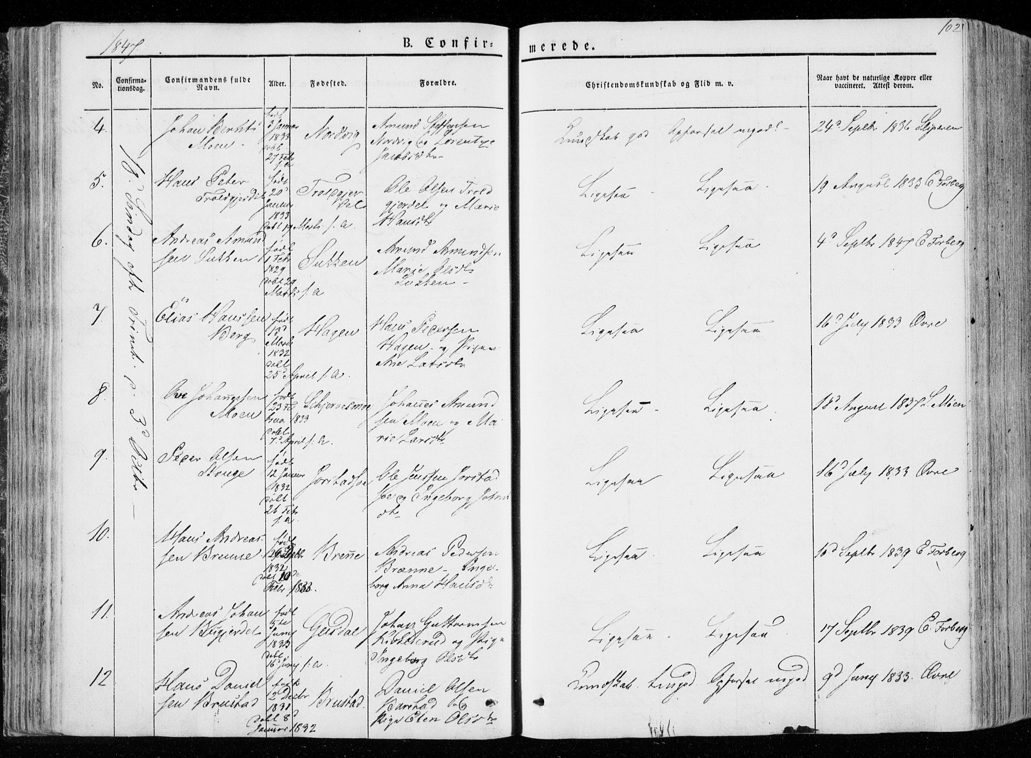 Ministerialprotokoller, klokkerbøker og fødselsregistre - Nord-Trøndelag, SAT/A-1458/722/L0218: Parish register (official) no. 722A05, 1843-1868, p. 102
