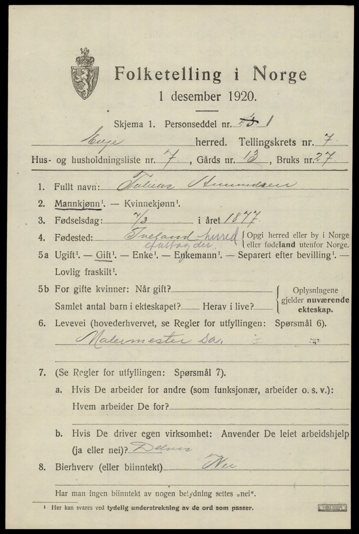 SAK, 1920 census for Evje, 1920, p. 2342