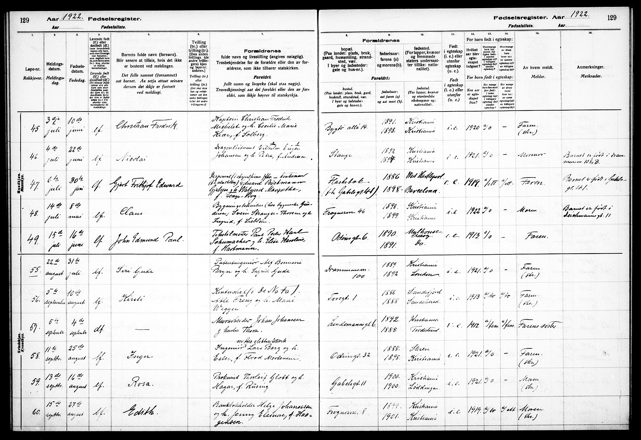 Frogner prestekontor Kirkebøker, AV/SAO-A-10886/J/Ja/L0001: Birth register no. 1, 1916-1927, p. 129