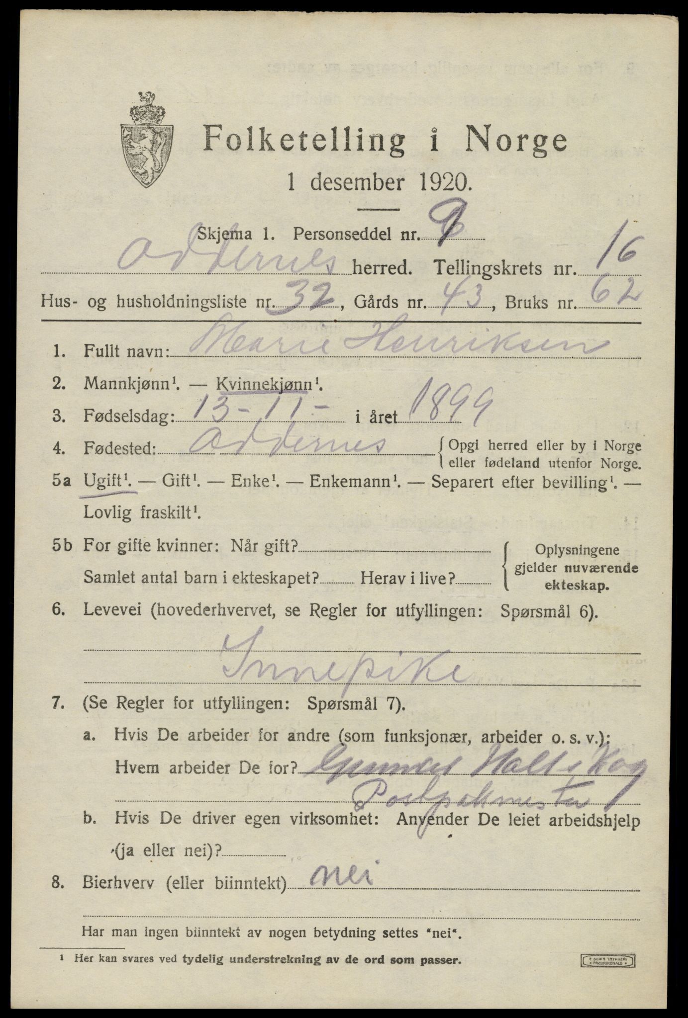 SAK, 1920 census for Oddernes, 1920, p. 11631