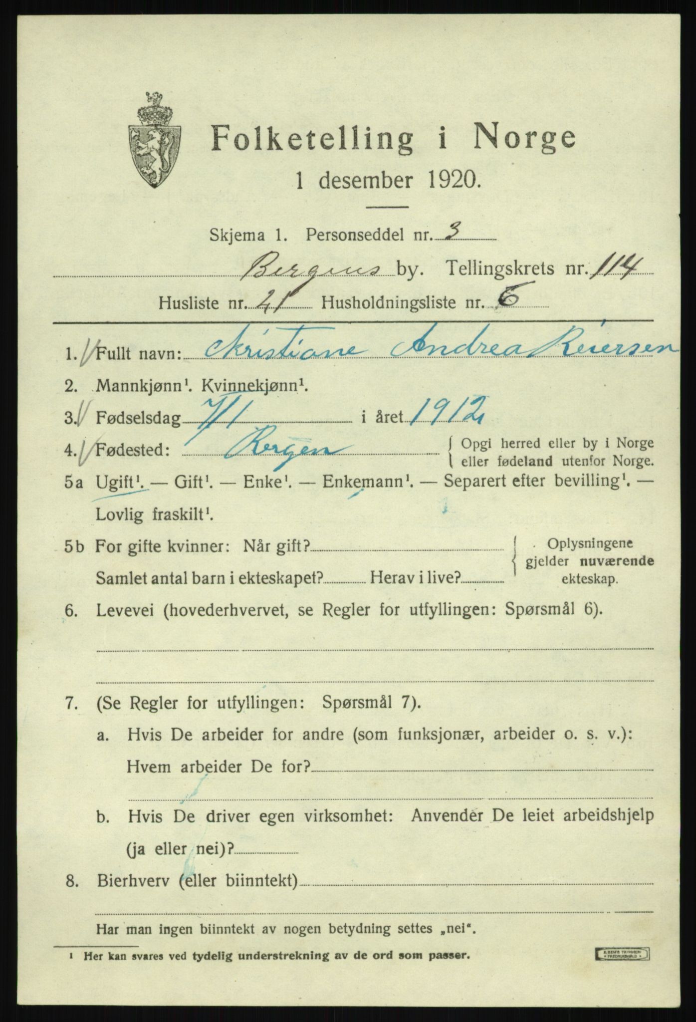 SAB, 1920 census for Bergen, 1920, p. 194938