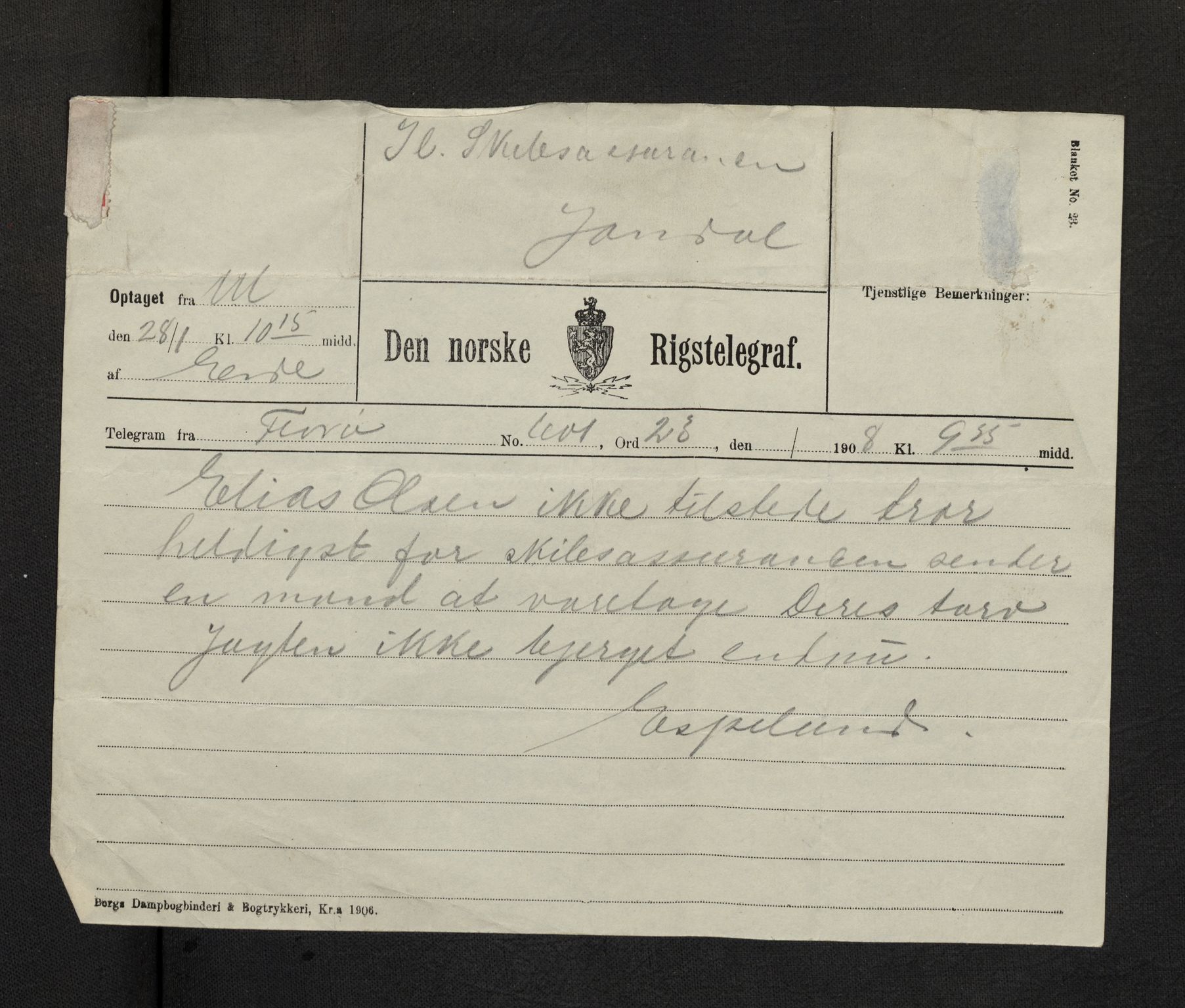 Jondal Skipsassuranseforening, AV/SAB-SAB/PA-0276/E/L0087: Korrespondanse , 1908-1913
