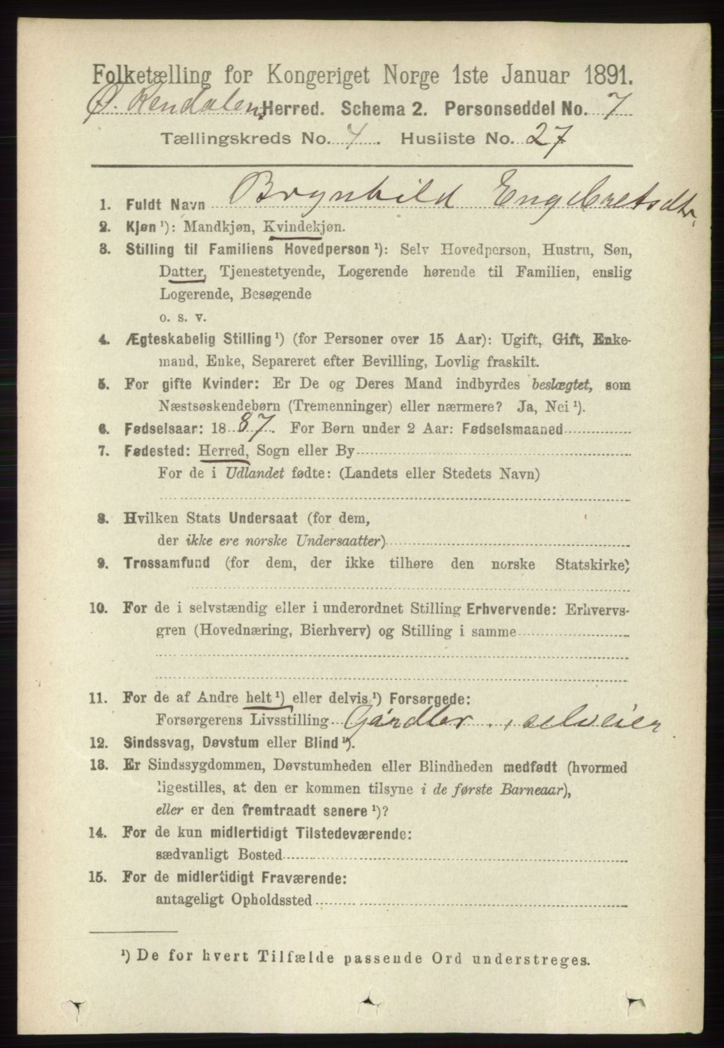 RA, 1891 census for 0433 Øvre Rendal, 1891, p. 1132