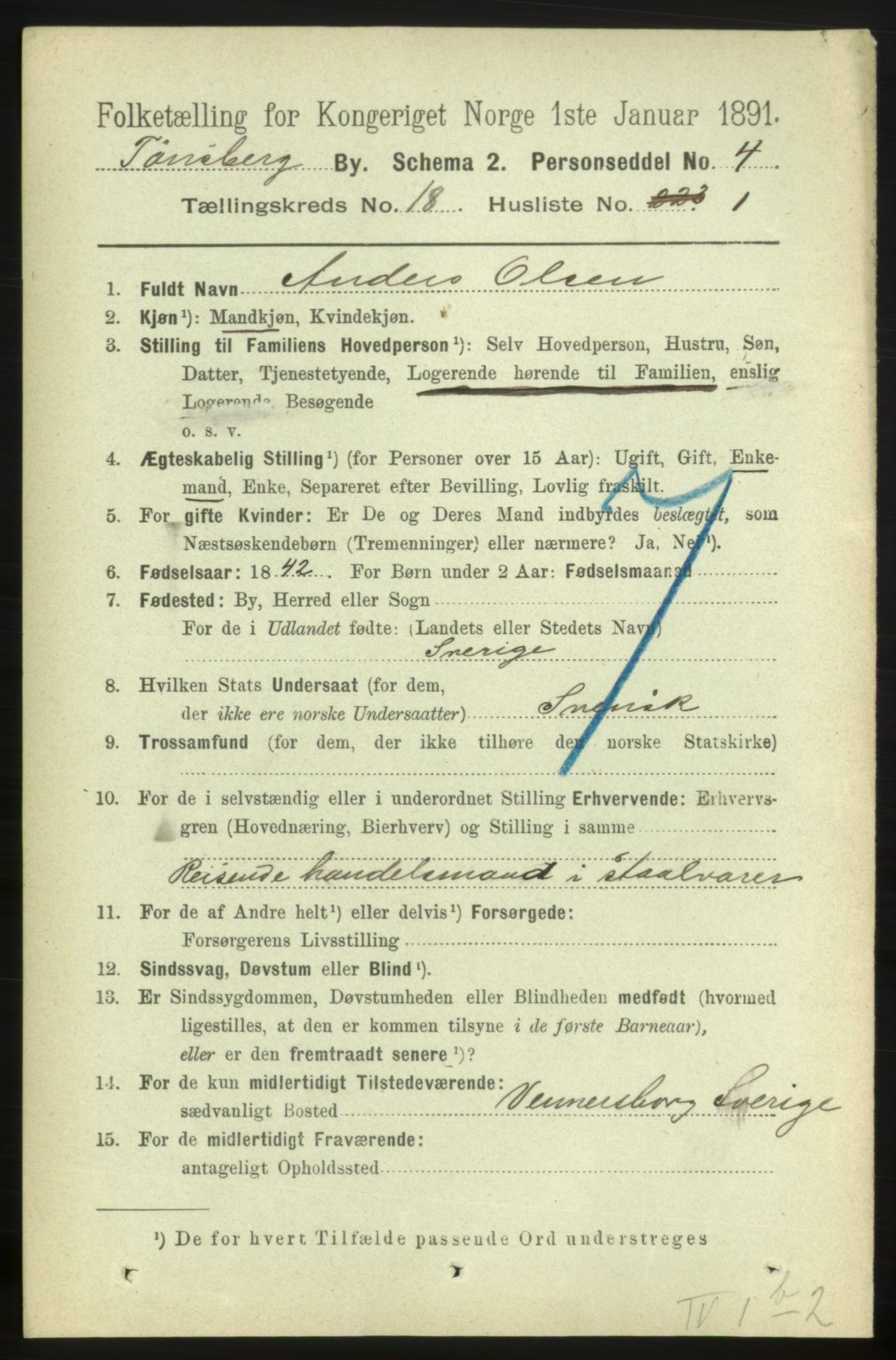 RA, 1891 census for 0705 Tønsberg, 1891, p. 5104