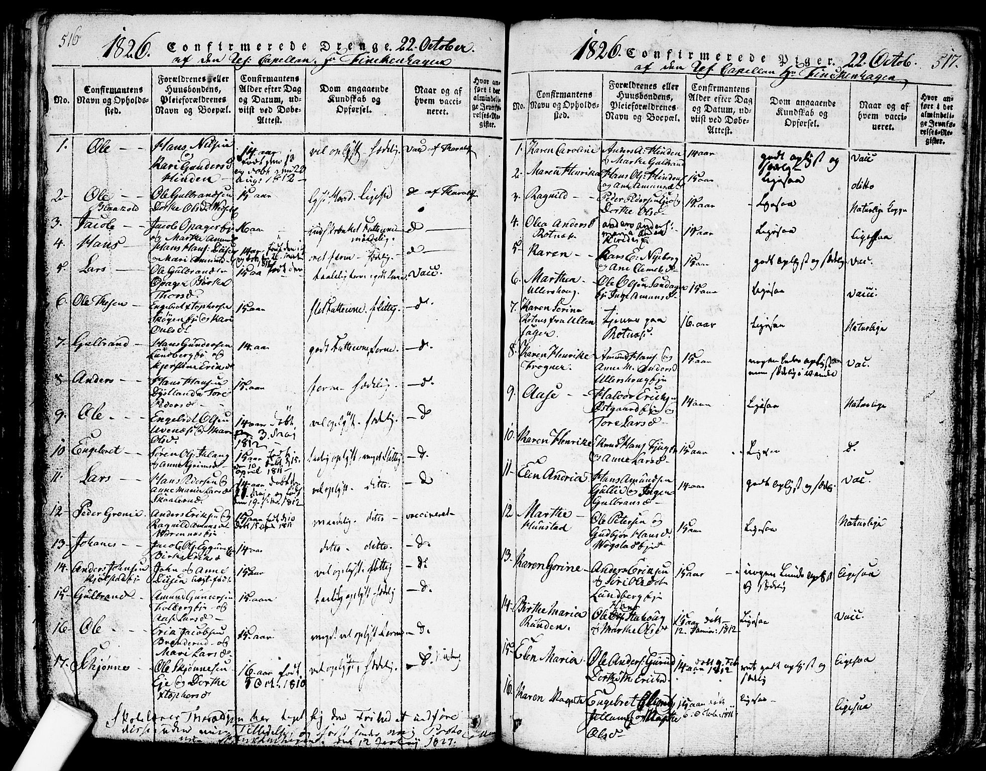 Nes prestekontor Kirkebøker, AV/SAO-A-10410/F/Fa/L0005: Parish register (official) no. I 5, 1815-1835, p. 516-517