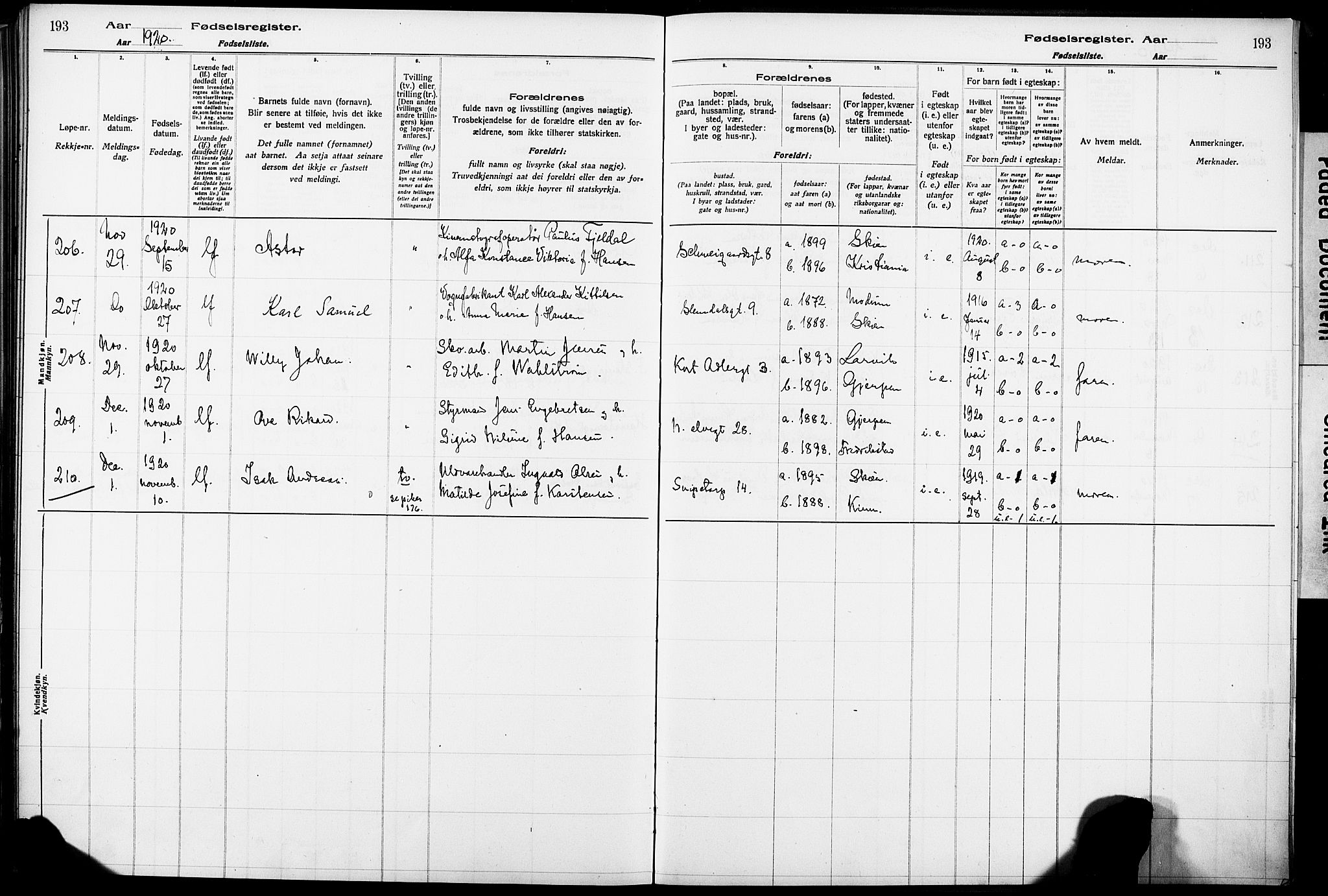 Skien kirkebøker, AV/SAKO-A-302/J/Ja/L0001: Birth register no. 1, 1916-1920, p. 193