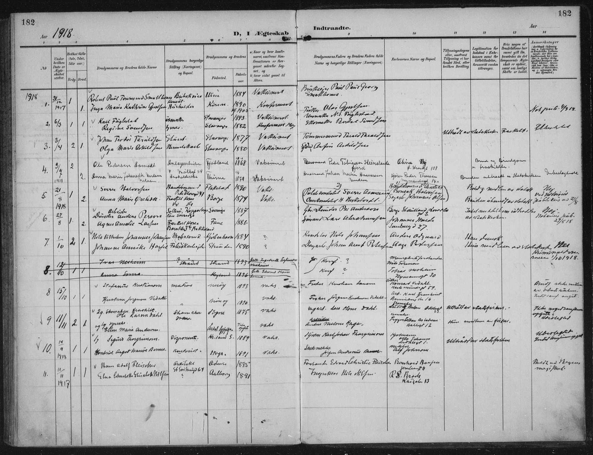 Domkirken sokneprestkontor, SAST/A-101812/002/A/L0016: Parish register (official) no. A 33, 1905-1922, p. 182