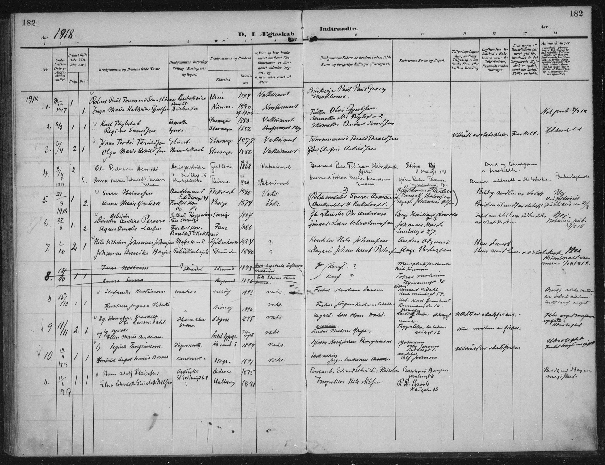 Domkirken sokneprestkontor, AV/SAST-A-101812/002/A/L0016: Parish register (official) no. A 33, 1905-1922, p. 182