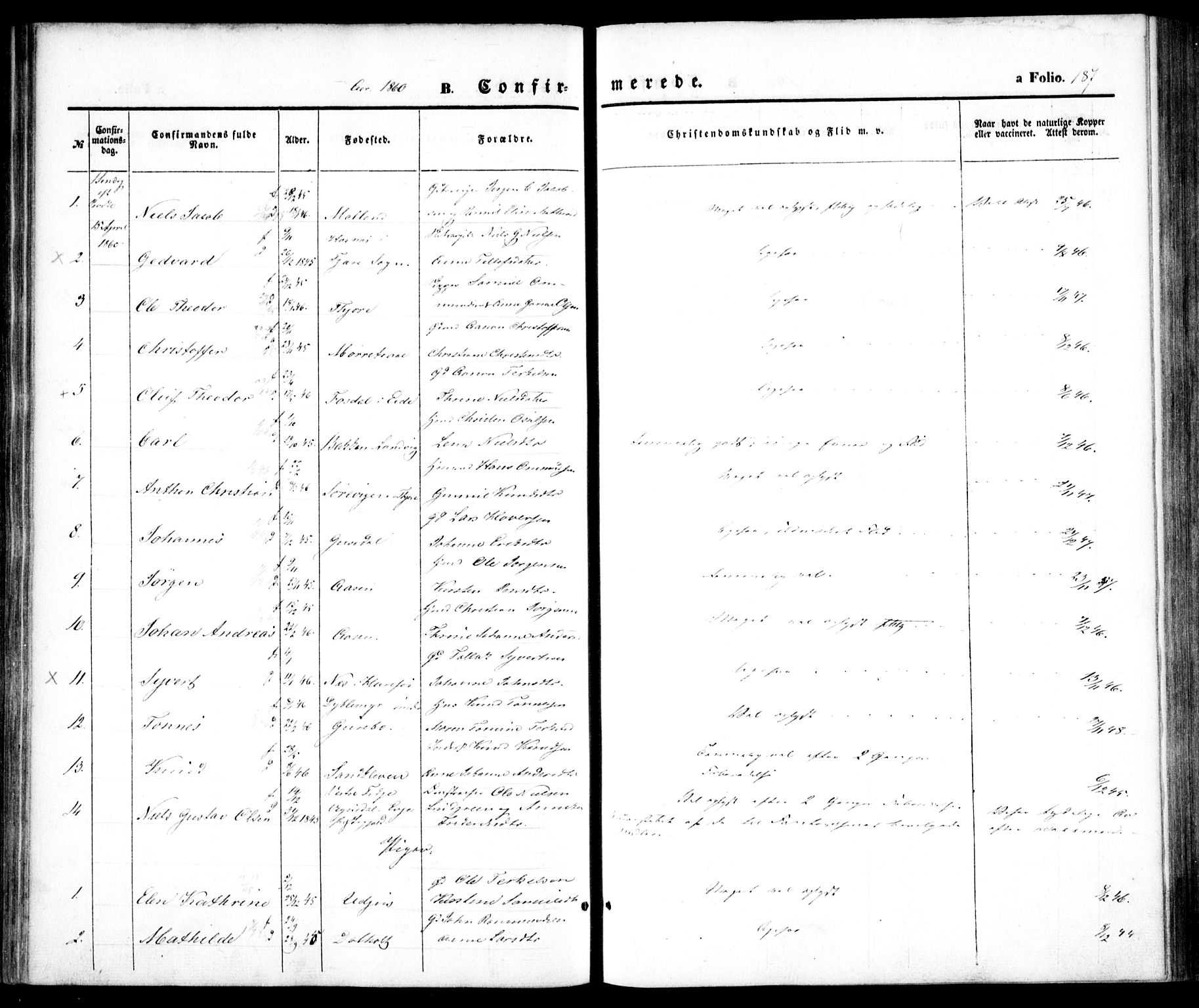 Hommedal sokneprestkontor, AV/SAK-1111-0023/F/Fa/Fab/L0004: Parish register (official) no. A 4, 1848-1860, p. 187