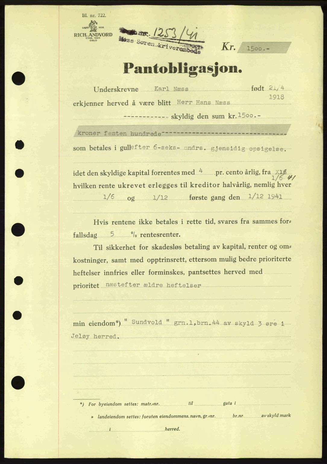 Moss sorenskriveri, SAO/A-10168: Mortgage book no. B10, 1940-1941, Diary no: : 1253/1941