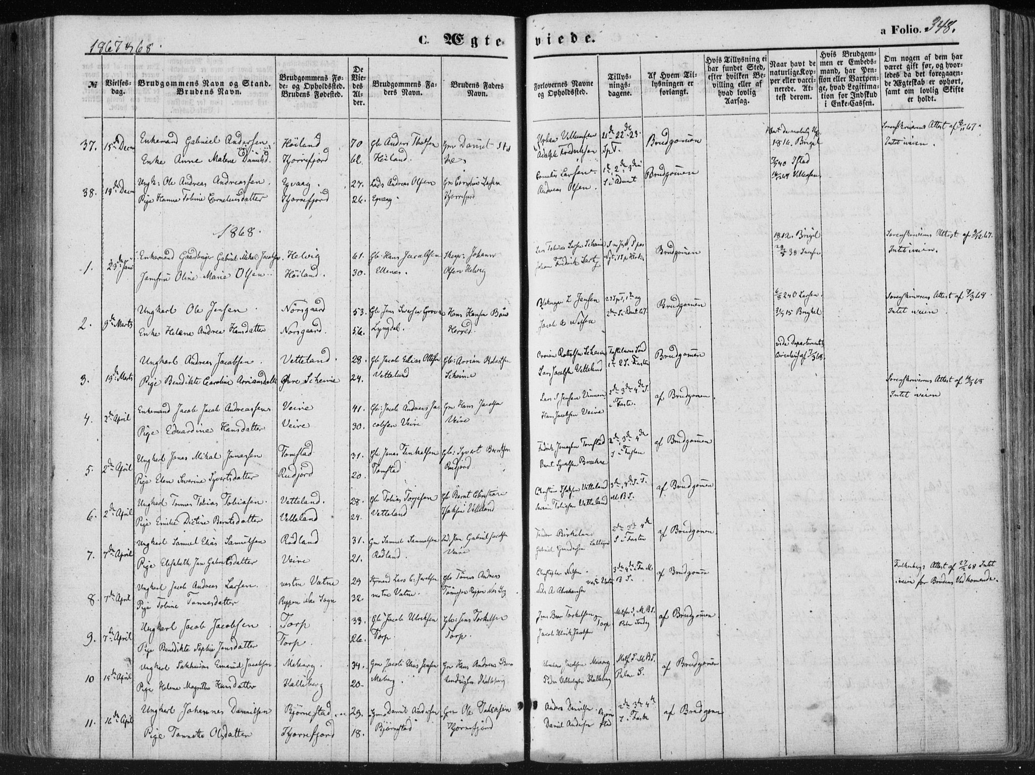 Lista sokneprestkontor, SAK/1111-0027/F/Fa/L0011: Parish register (official) no. A 11, 1861-1878, p. 348