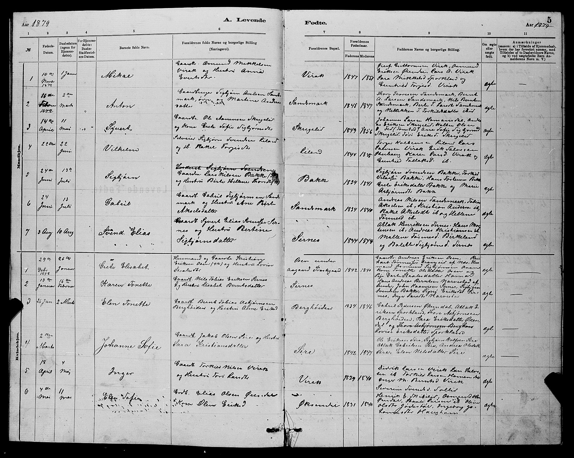 Bakke sokneprestkontor, SAK/1111-0002/F/Fb/Fba/L0002: Parish register (copy) no. B 2, 1879-1893, p. 5