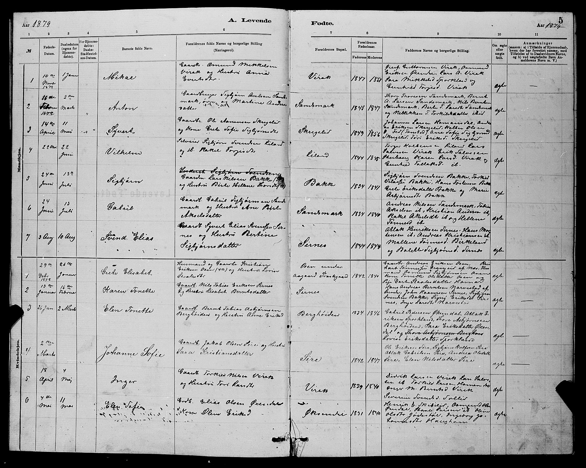 Bakke sokneprestkontor, AV/SAK-1111-0002/F/Fb/Fba/L0002: Parish register (copy) no. B 2, 1879-1893, p. 5