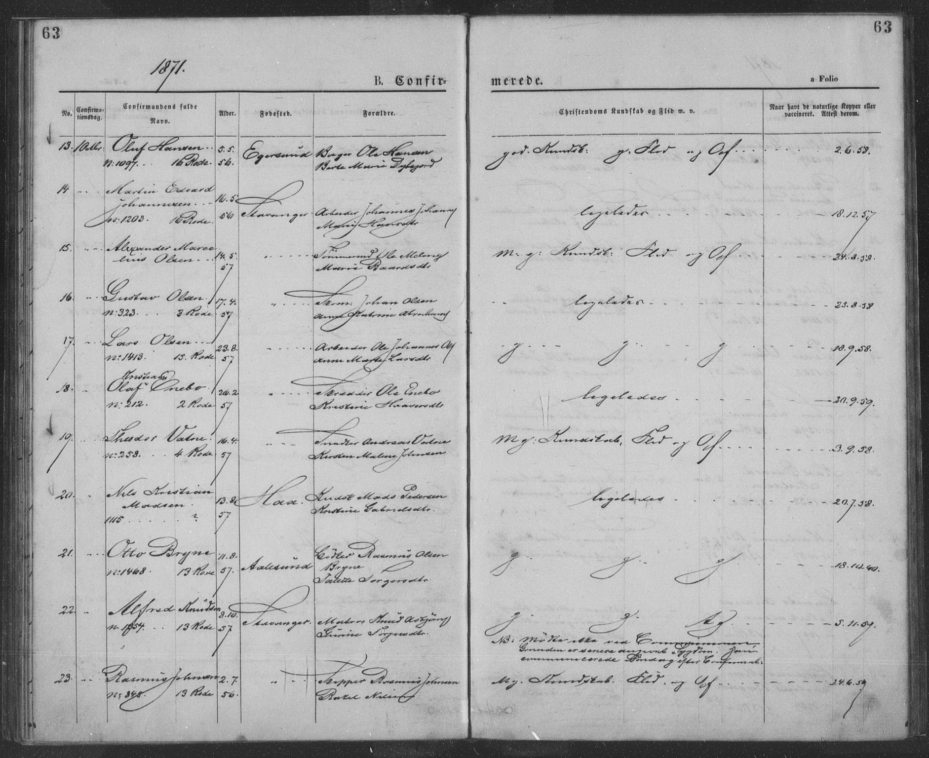 St. Petri sokneprestkontor, AV/SAST-A-101813/001/30/30BA/L0009: Parish register (official) no. A 9, 1868-1875, p. 63