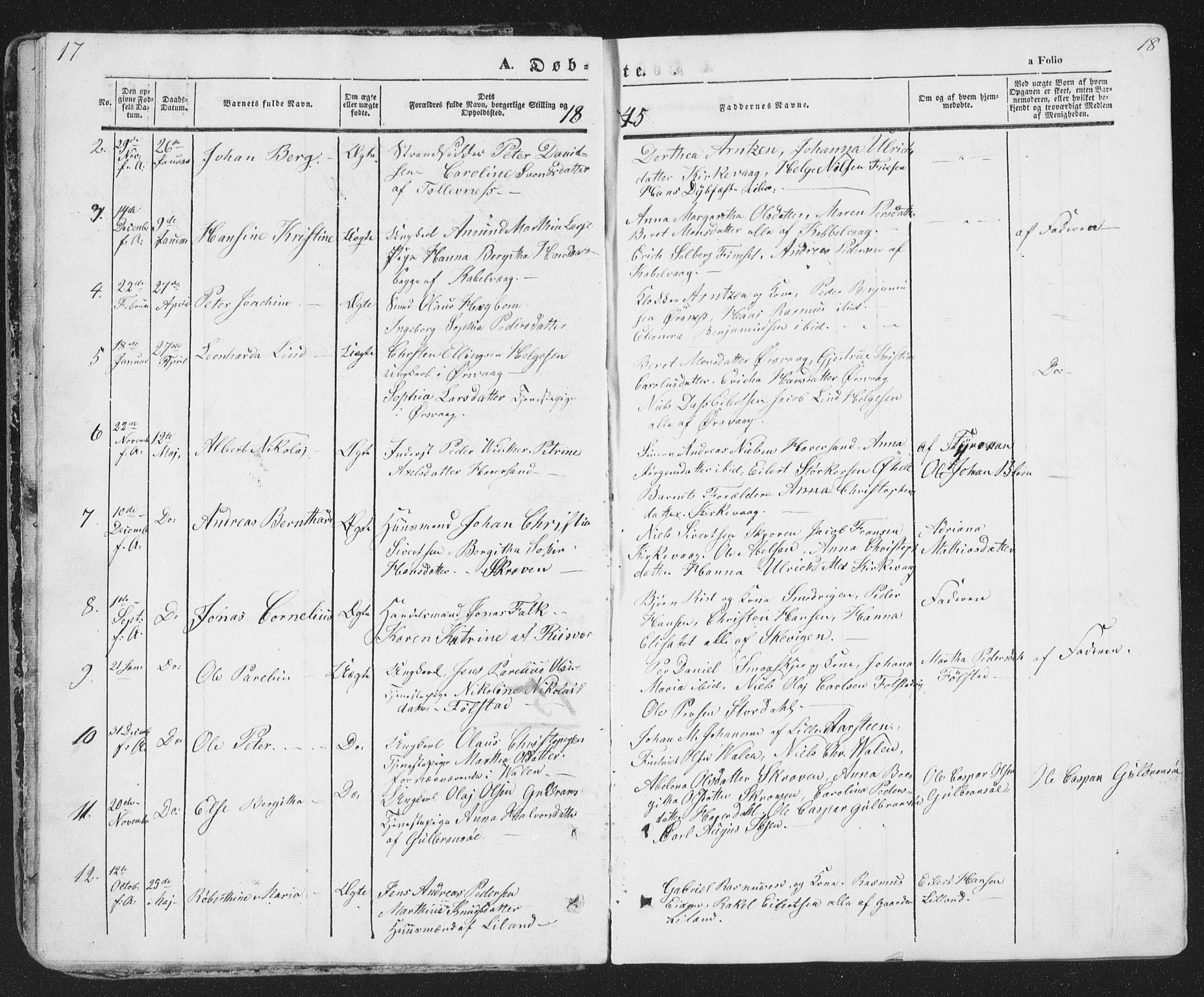 Ministerialprotokoller, klokkerbøker og fødselsregistre - Nordland, AV/SAT-A-1459/874/L1072: Parish register (copy) no. 874C01, 1843-1859, p. 17-18