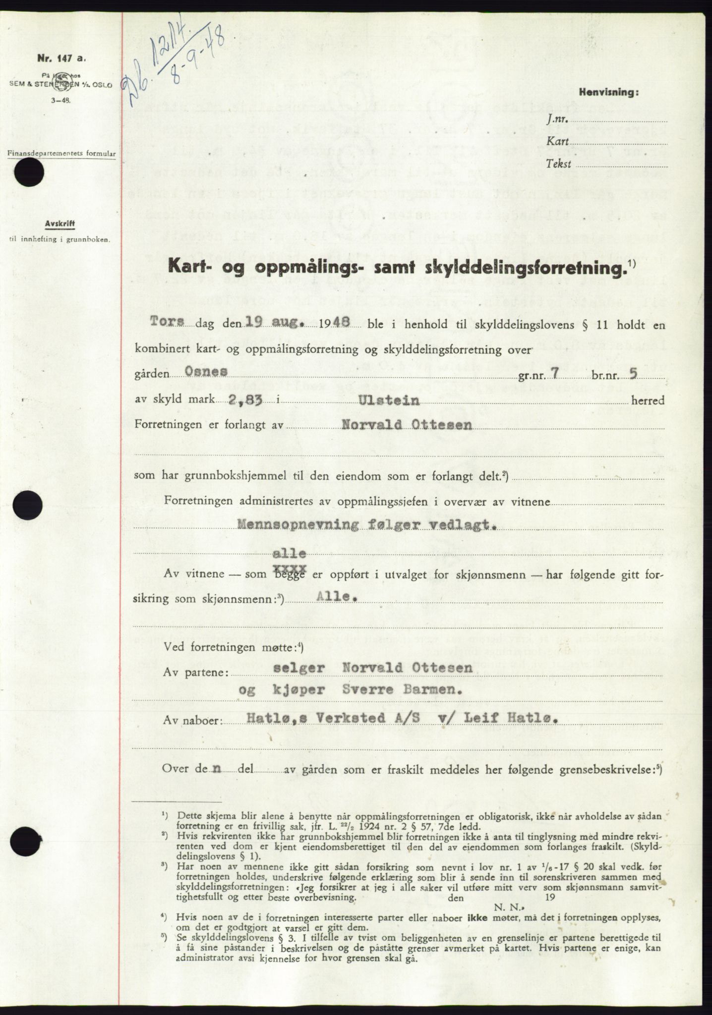 Søre Sunnmøre sorenskriveri, AV/SAT-A-4122/1/2/2C/L0082: Mortgage book no. 8A, 1948-1948, Diary no: : 1214/1948