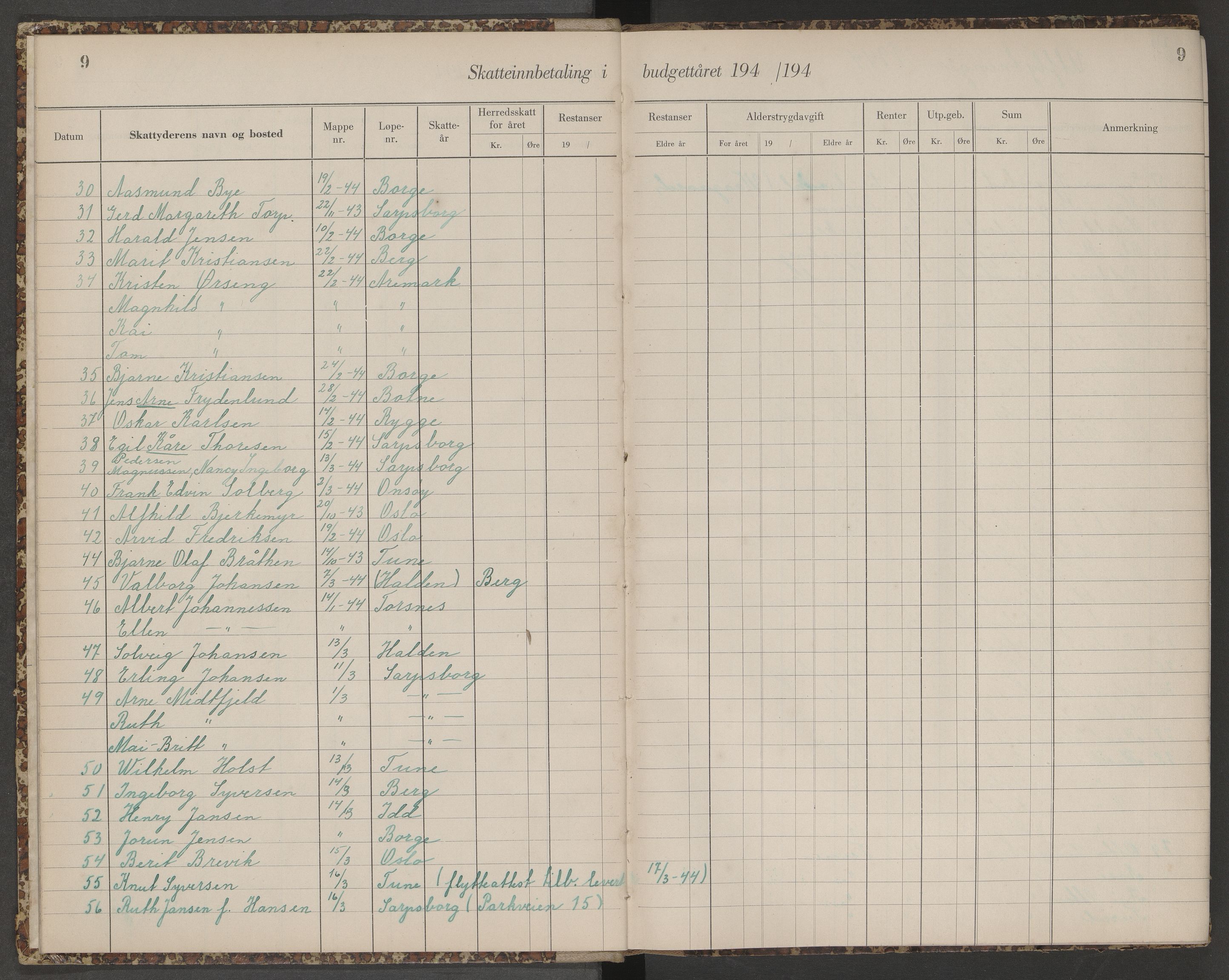 Skjeberg folkeregister, SAO/A-10495/K/Ka/L0003: Fortegnelse over inn- og utflyttede, 1943-1947, p. 9