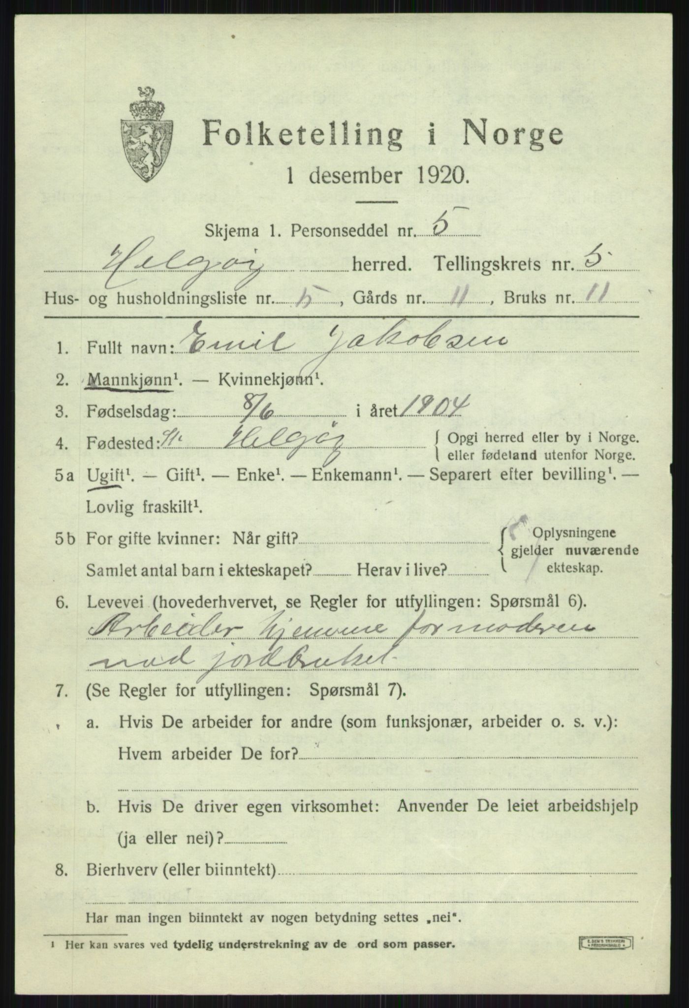 SATØ, 1920 census for Helgøy, 1920, p. 1999