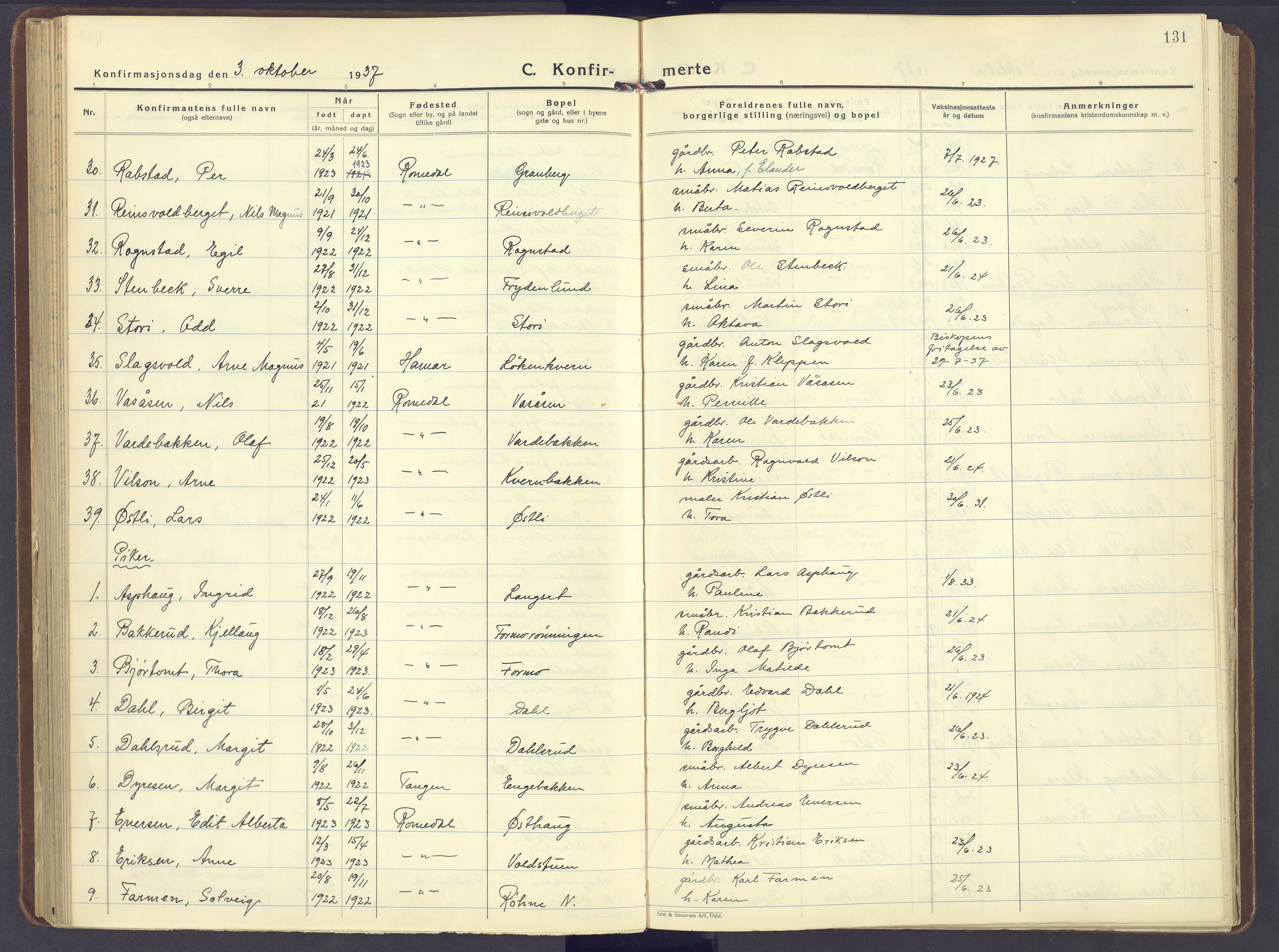 Romedal prestekontor, SAH/PREST-004/K/L0014: Parish register (official) no. 14, 1936-1949, p. 131