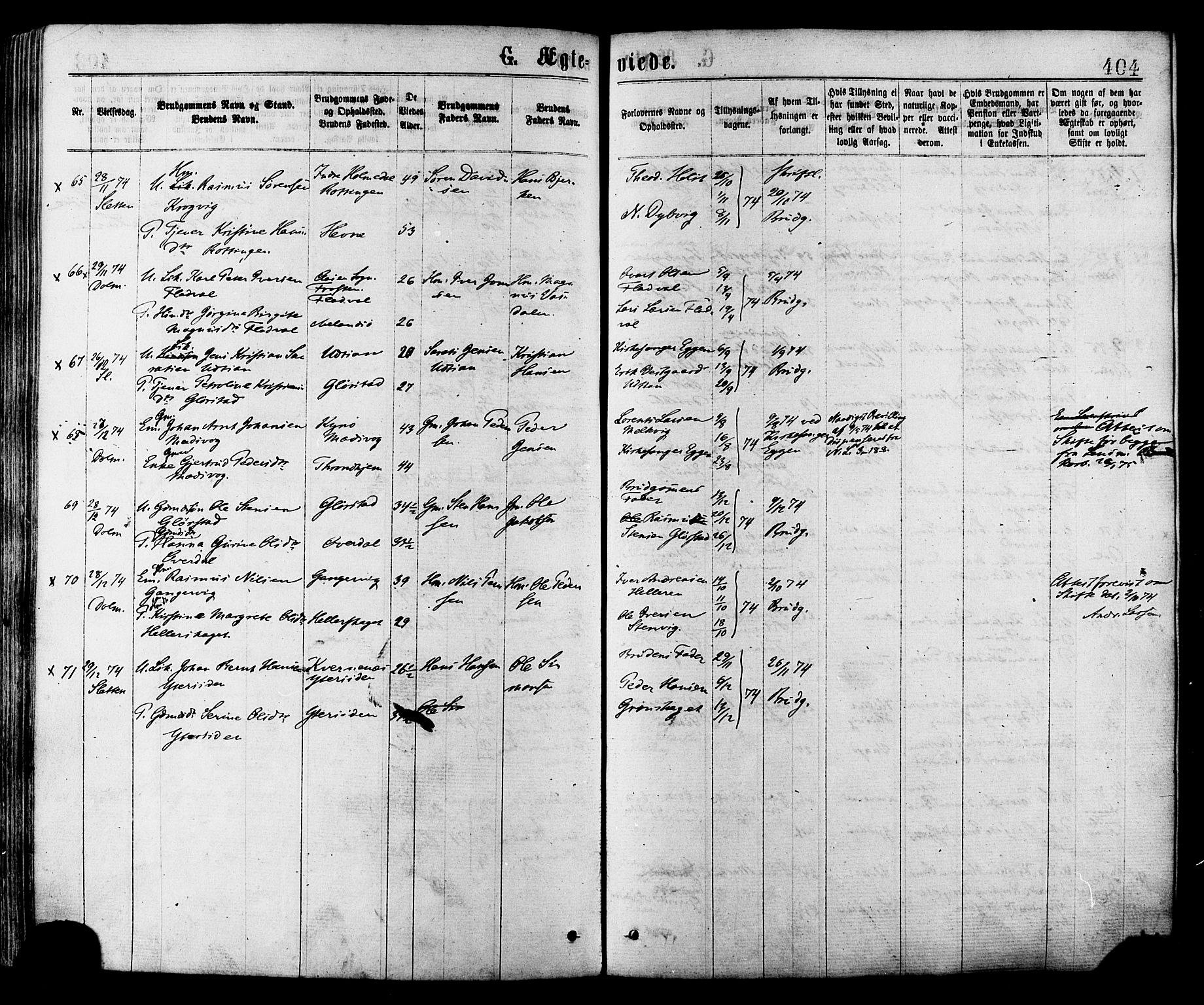 Ministerialprotokoller, klokkerbøker og fødselsregistre - Sør-Trøndelag, SAT/A-1456/634/L0532: Parish register (official) no. 634A08, 1871-1881, p. 404