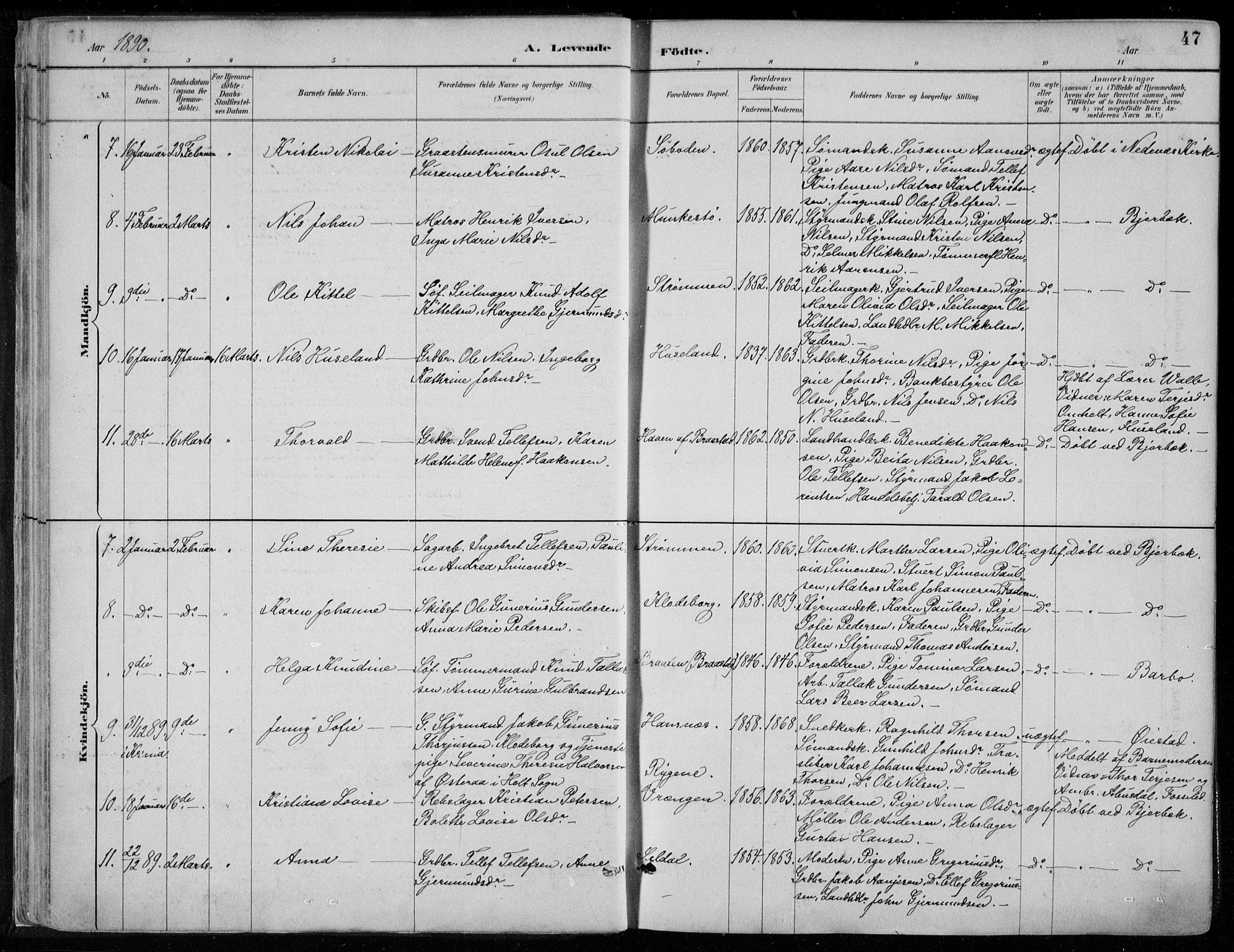 Øyestad sokneprestkontor, AV/SAK-1111-0049/F/Fa/L0017: Parish register (official) no. A 17, 1887-1896, p. 47