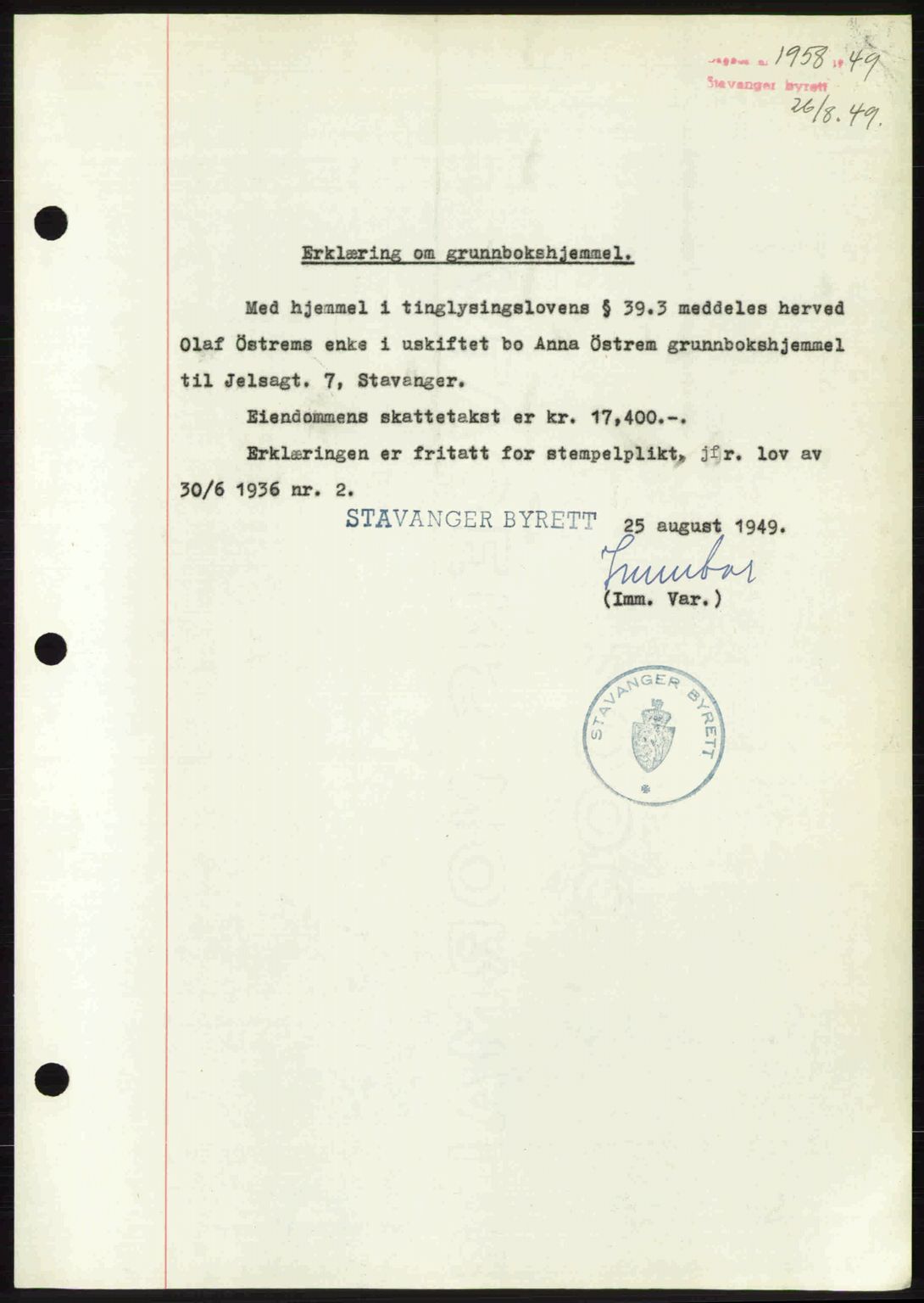 Stavanger byrett, SAST/A-100455/002/G/Gb/L0023: Mortgage book no. A12, 1948-1949, Diary no: : 1958/1949