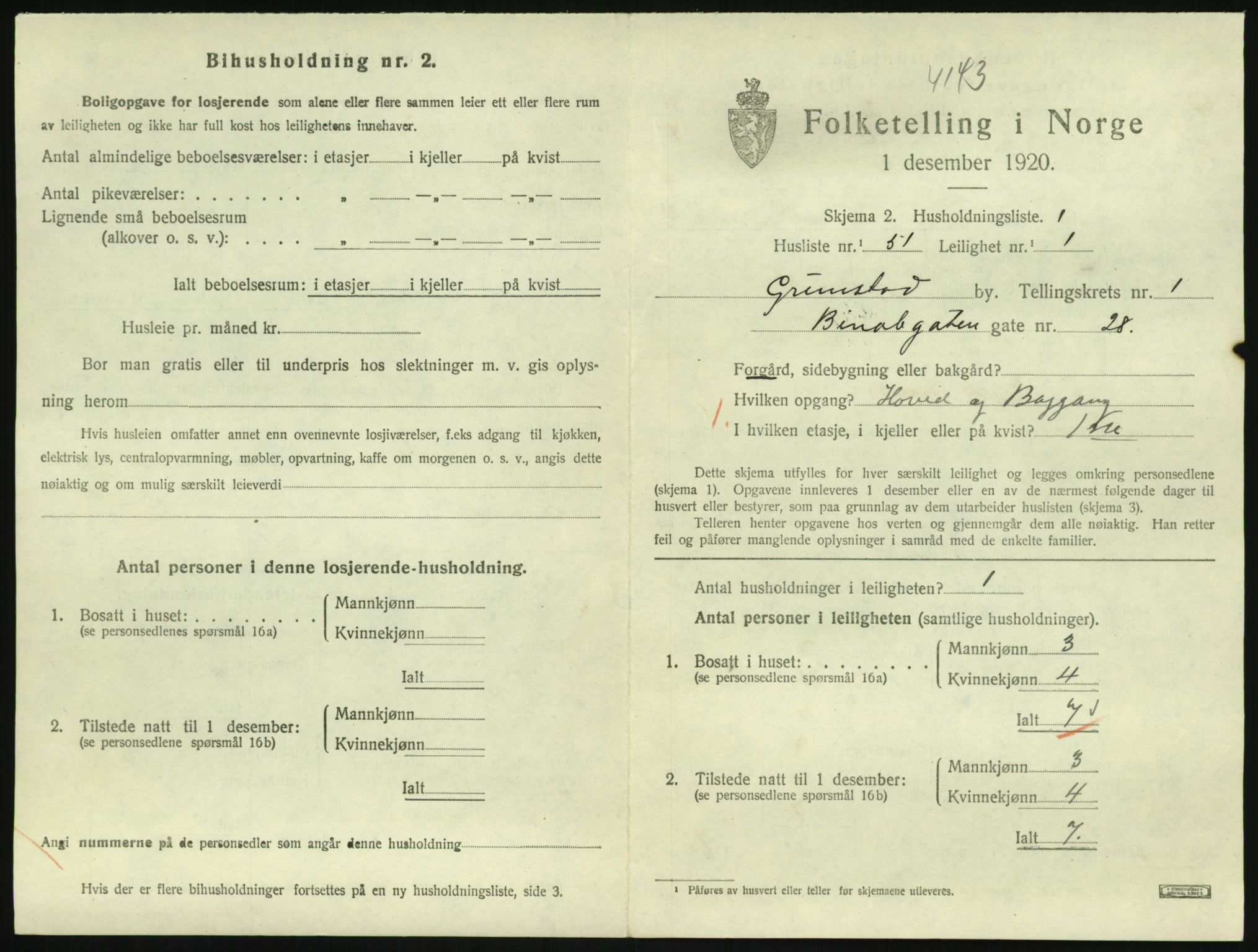 SAK, 1920 census for Grimstad, 1920, p. 1121