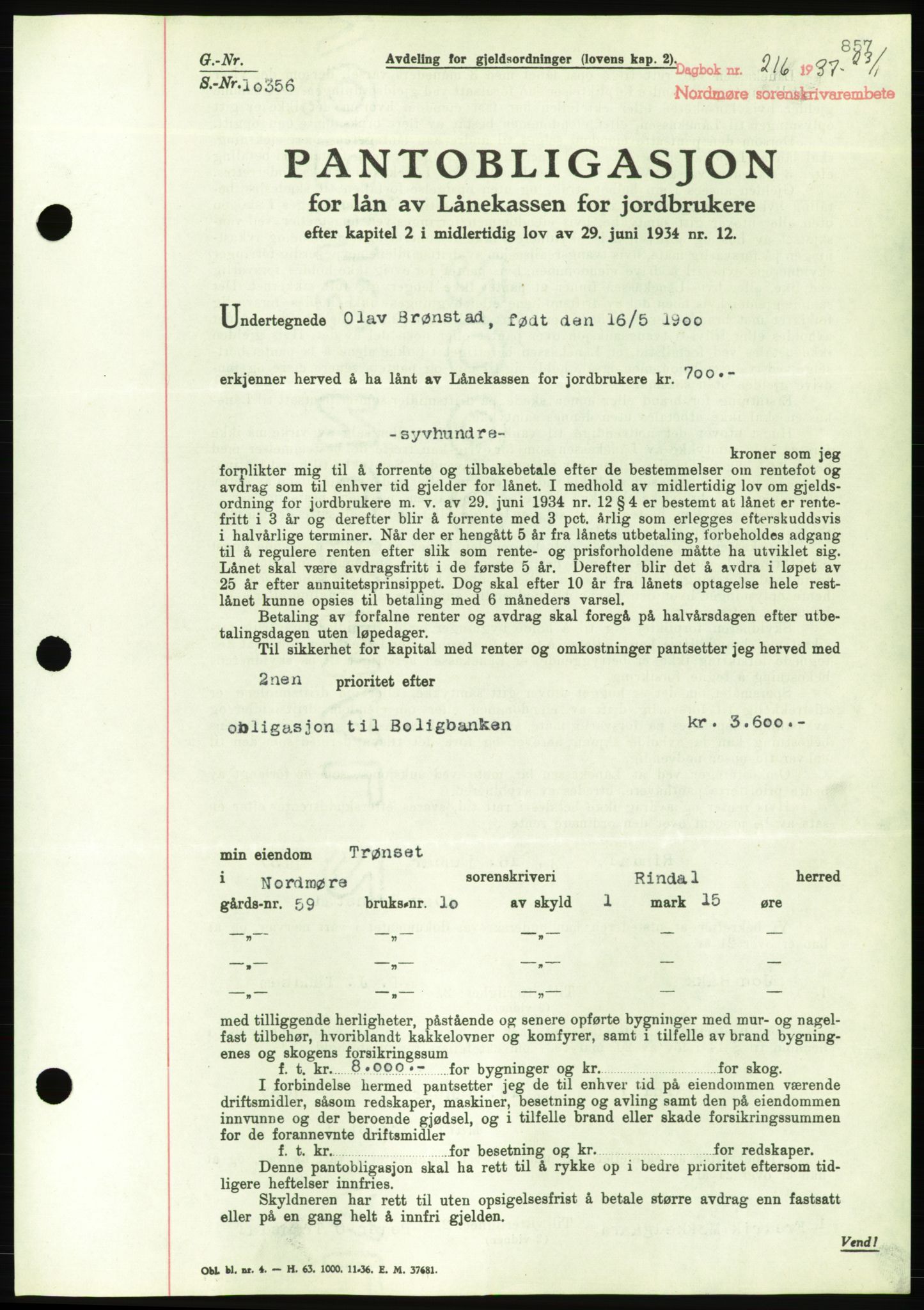 Nordmøre sorenskriveri, AV/SAT-A-4132/1/2/2Ca/L0090: Mortgage book no. B80, 1936-1937, Diary no: : 216/1937