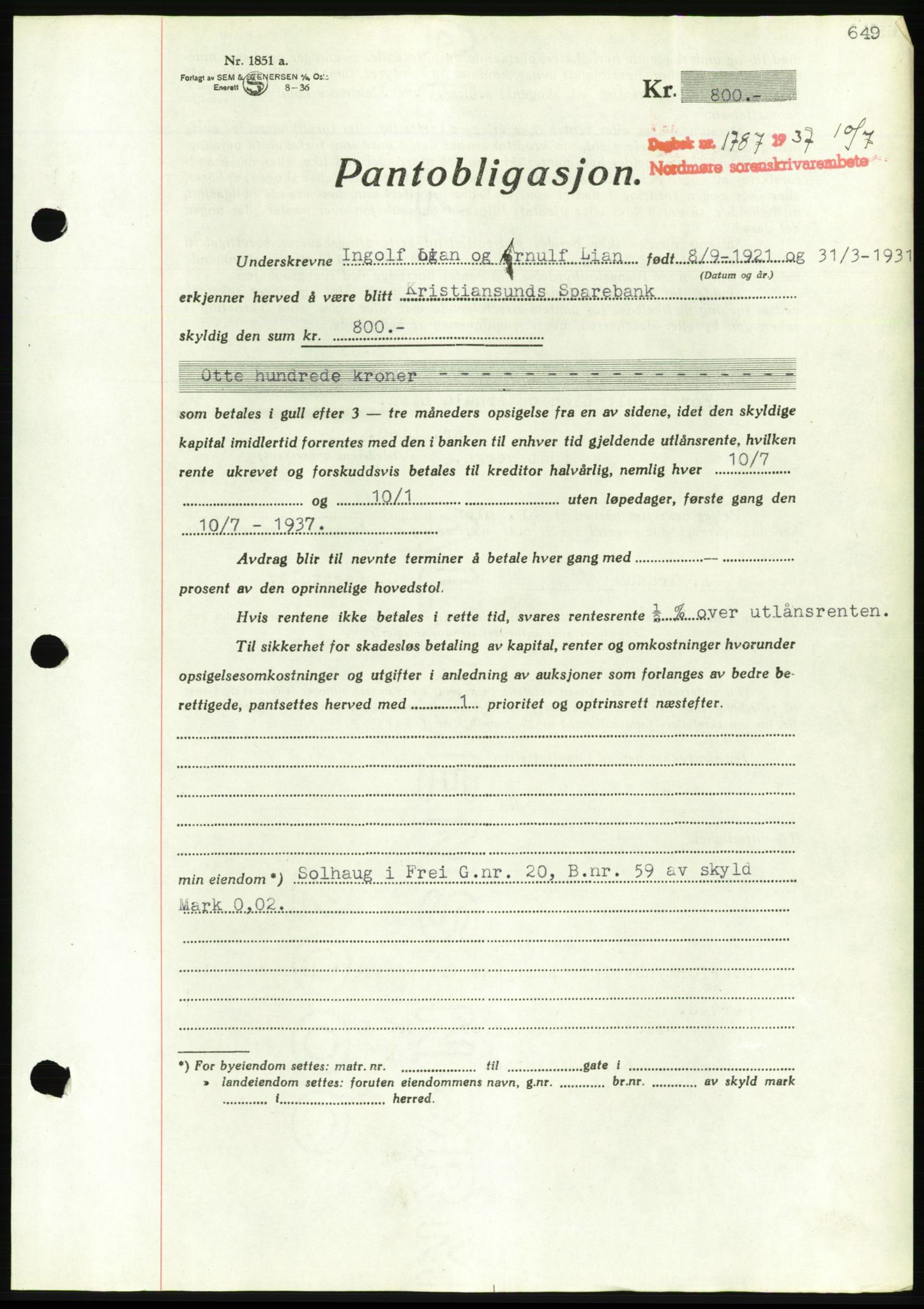 Nordmøre sorenskriveri, AV/SAT-A-4132/1/2/2Ca/L0091: Mortgage book no. B81, 1937-1937, Diary no: : 1787/1937