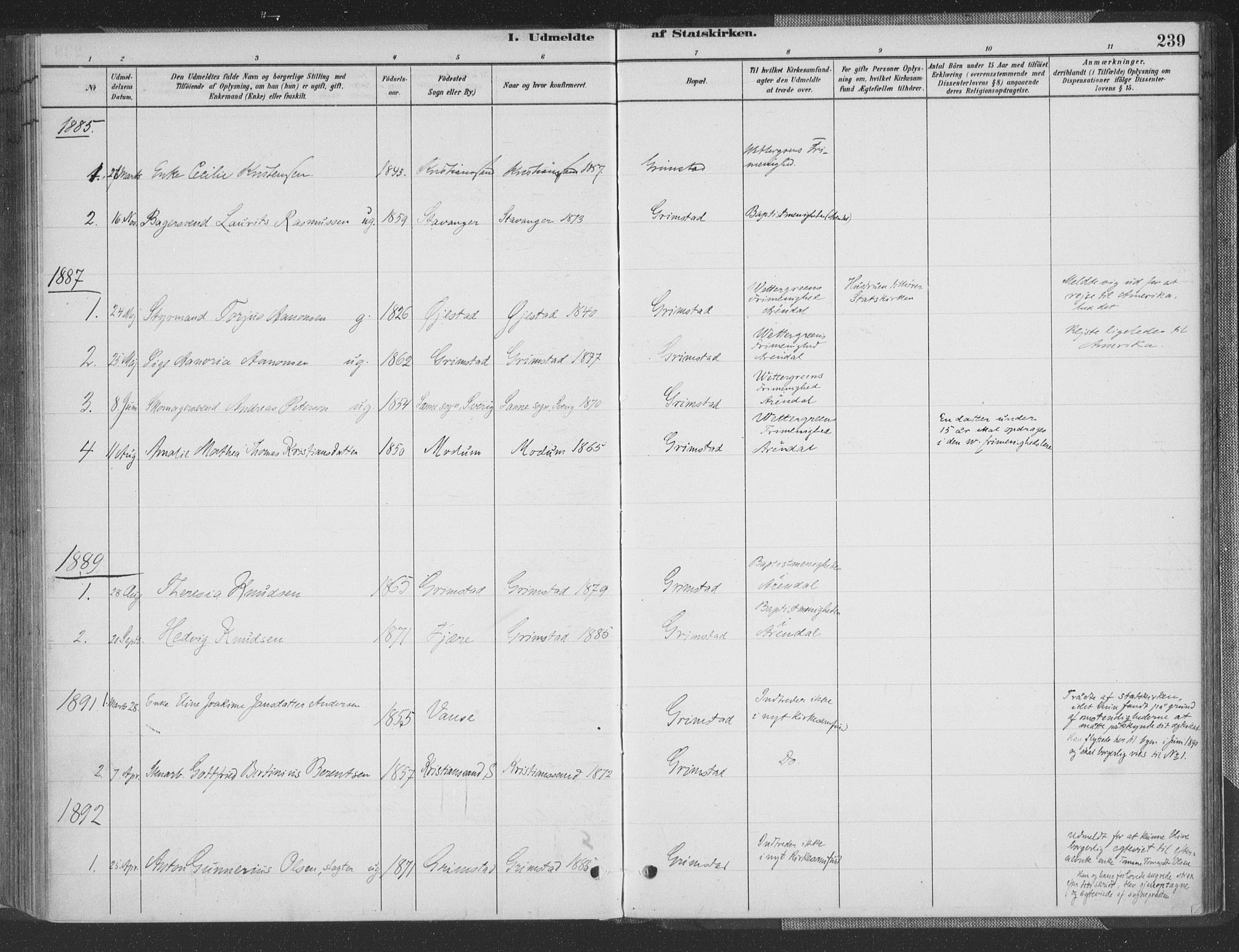 Grimstad sokneprestkontor, AV/SAK-1111-0017/F/Fa/L0004: Parish register (official) no. A 3, 1882-1910, p. 239