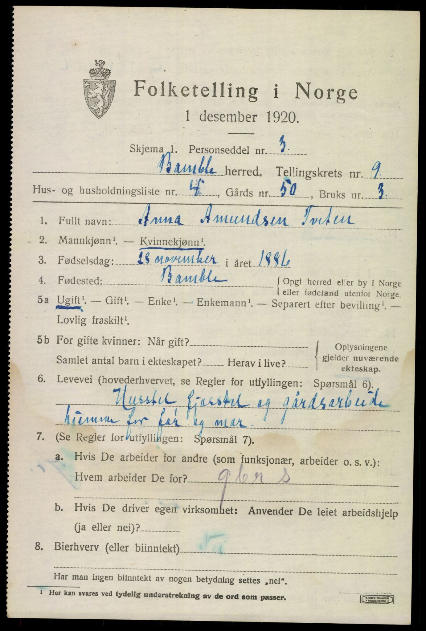 SAKO, 1920 census for Bamble, 1920, p. 7841