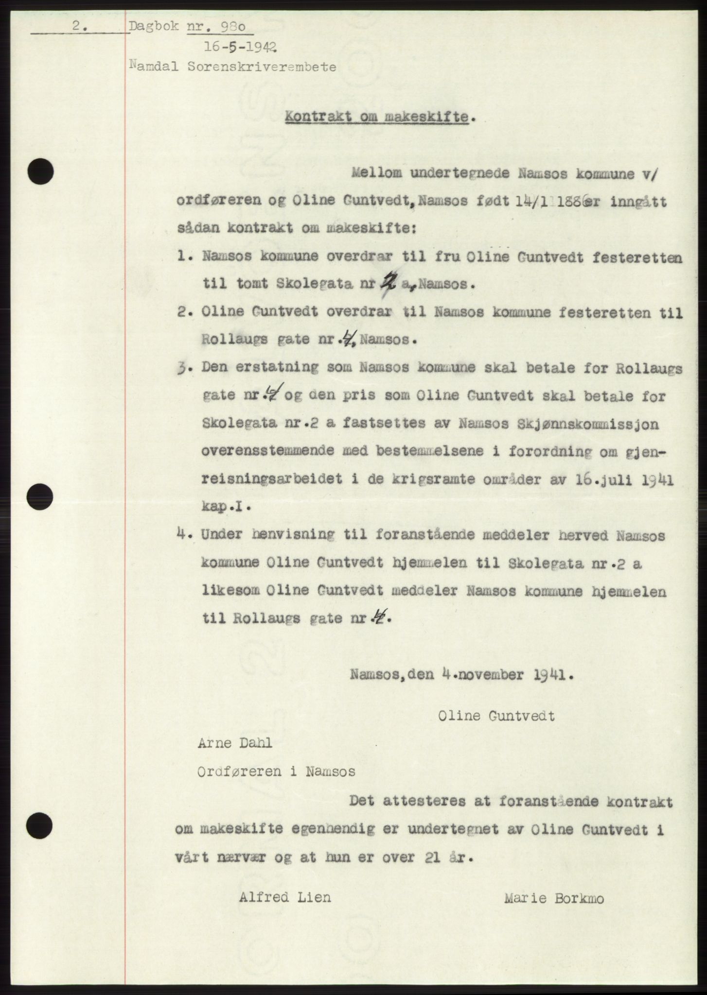 Namdal sorenskriveri, SAT/A-4133/1/2/2C: Mortgage book no. -, 1941-1942, Diary no: : 980/1942