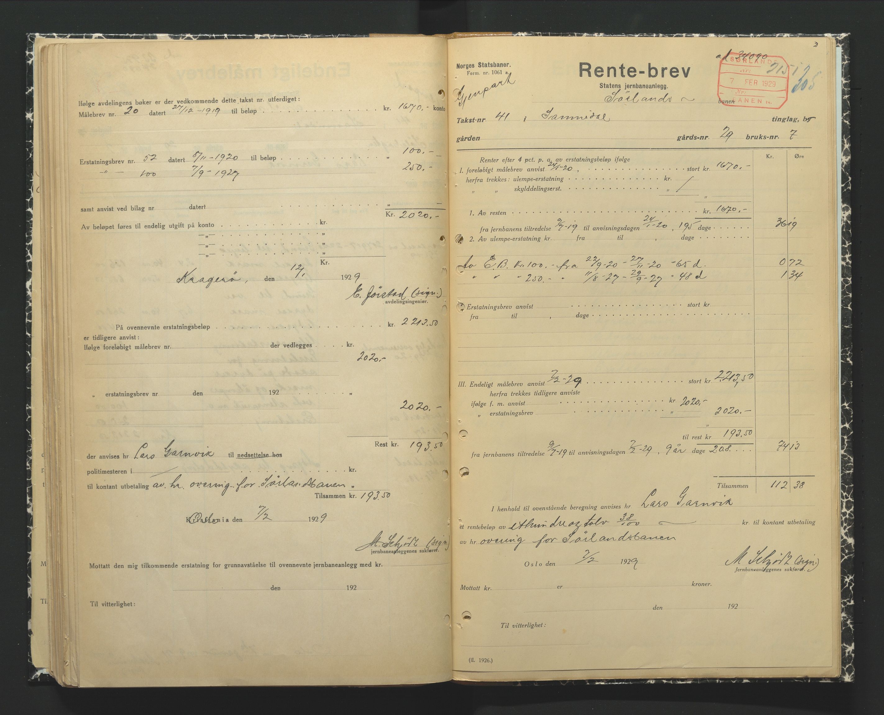 NSB Baneavdelingen, AV/SAK-1821-0004/F/Fc/Fch/L0249/0002: Grunnerstatninger, målebrev / Endelige måle- og rentebrev for Kragerølinja, 1928-1930