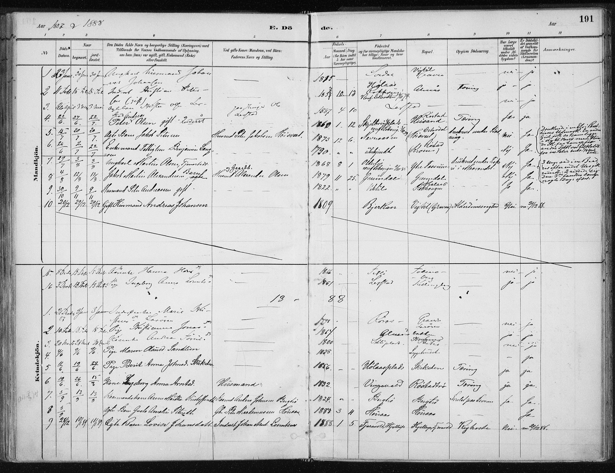 Ministerialprotokoller, klokkerbøker og fødselsregistre - Nord-Trøndelag, SAT/A-1458/701/L0010: Parish register (official) no. 701A10, 1883-1899, p. 191