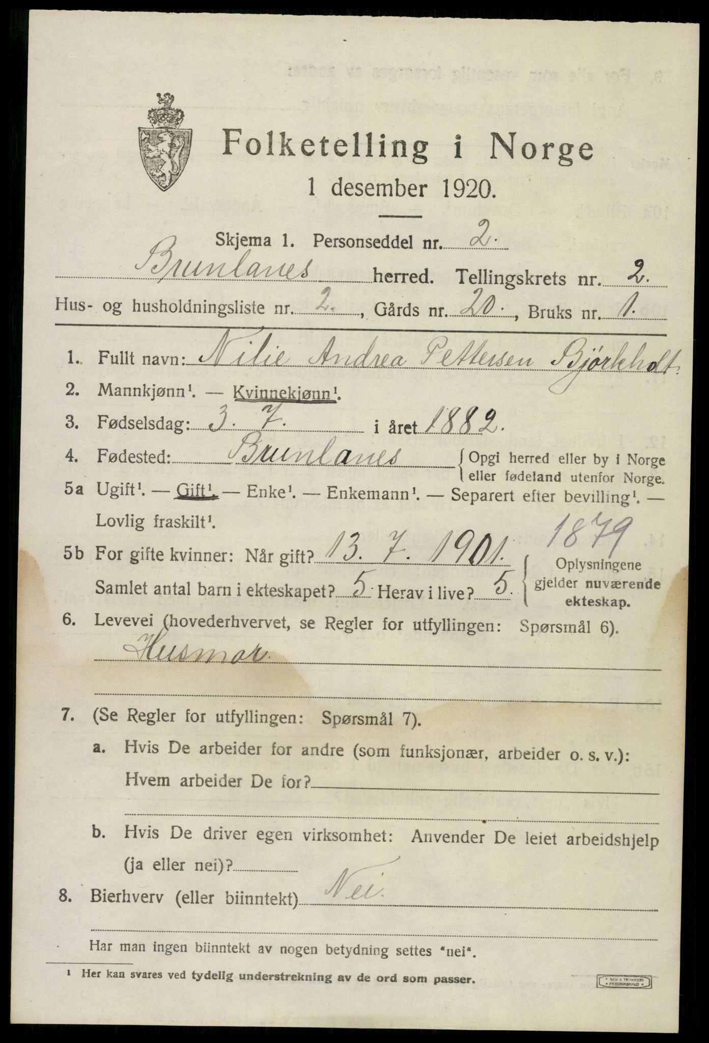 SAKO, 1920 census for Brunlanes, 1920, p. 3323