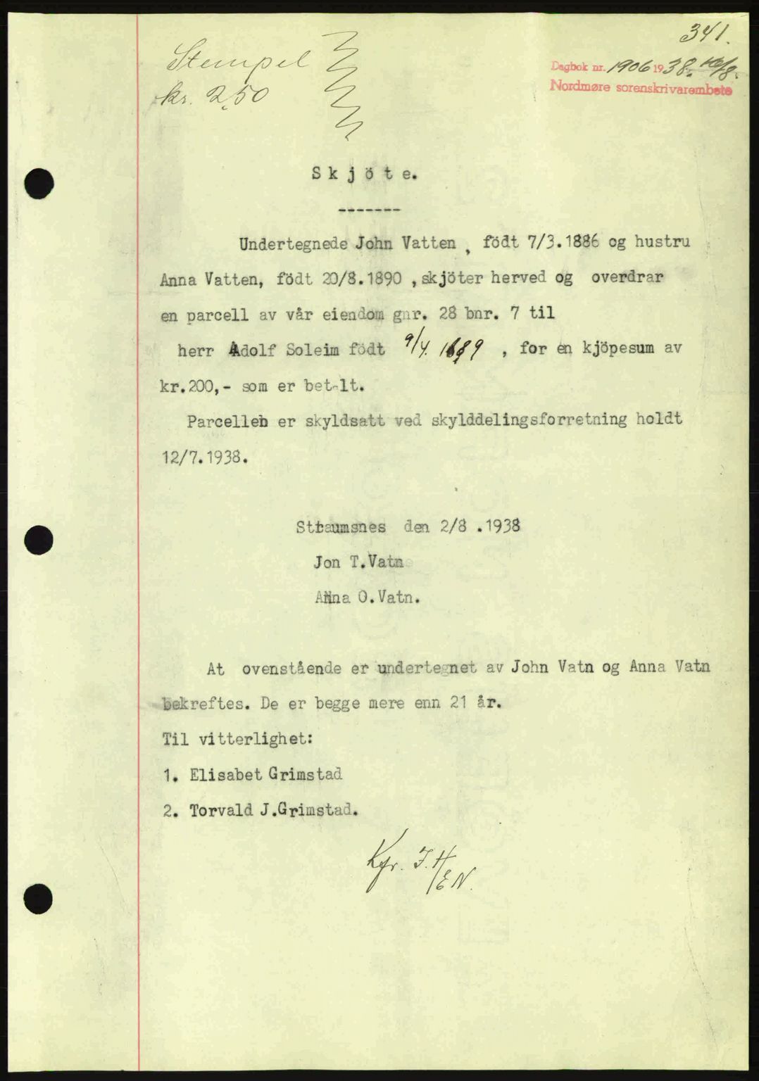 Nordmøre sorenskriveri, AV/SAT-A-4132/1/2/2Ca: Mortgage book no. A84, 1938-1938, Diary no: : 1906/1938