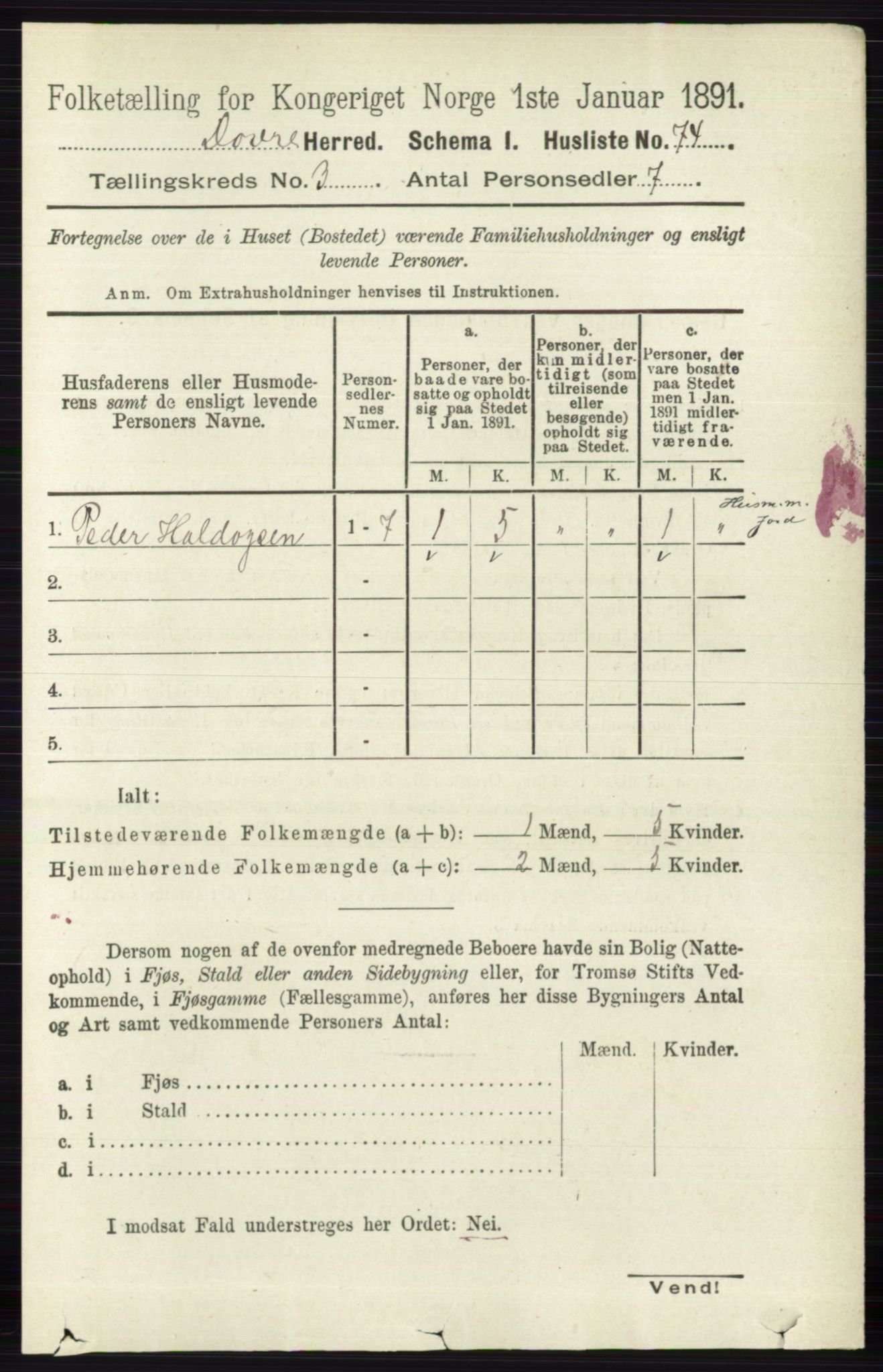 RA, 1891 census for 0511 Dovre, 1891, p. 1389