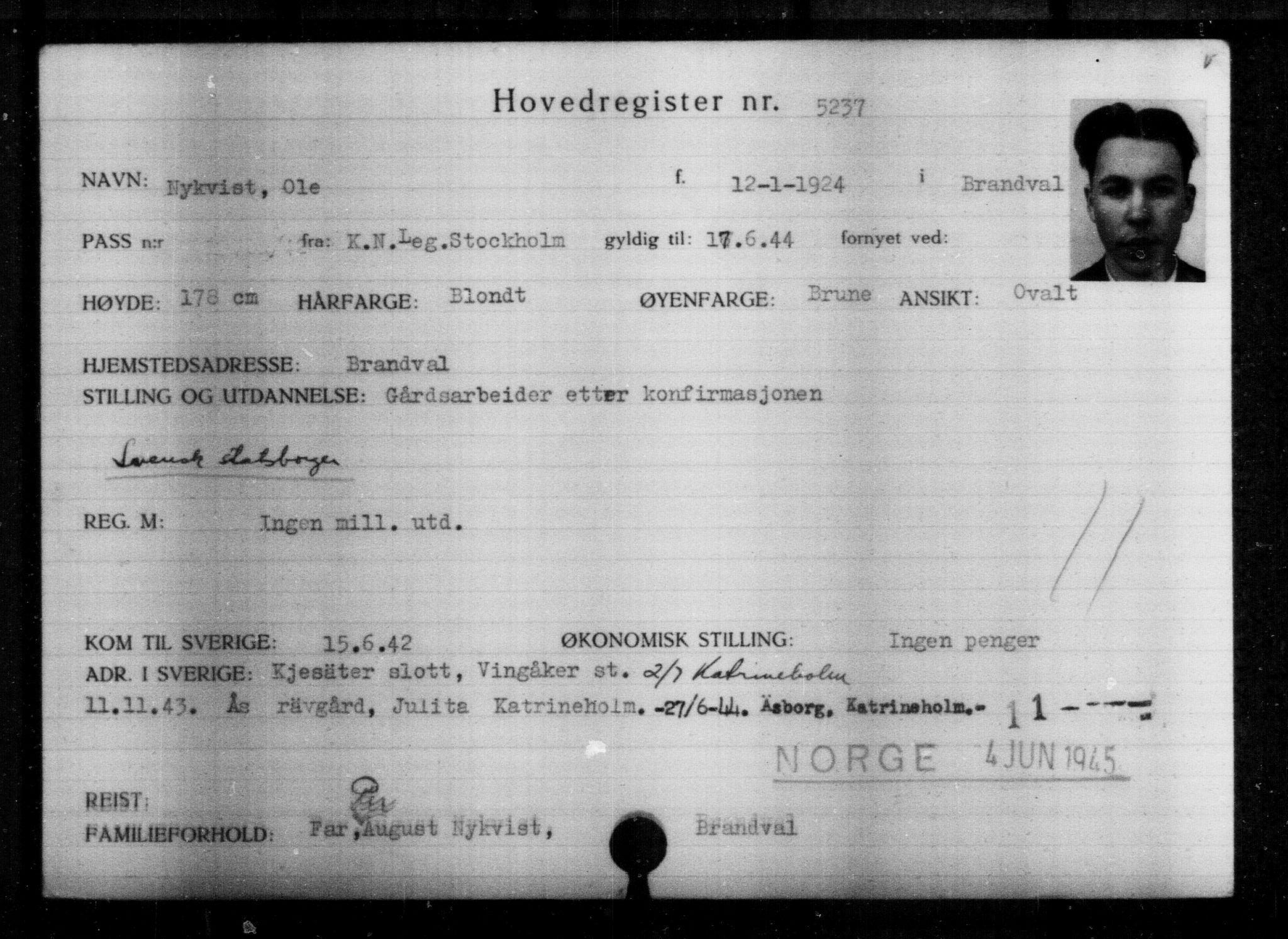 Utenriksstasjonene, Legasjonen i Stockholm, Flyktningkontoret, AV/RA-S-6753/V/Va/L0004: Kjesäterkartoteket, flyktninger med registreringsnr. 3496-6610, 1940-1945, p. 2001