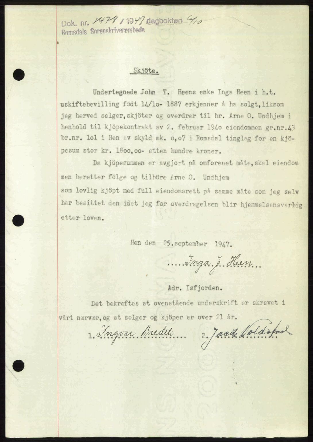 Romsdal sorenskriveri, SAT/A-4149/1/2/2C: Mortgage book no. A24, 1947-1947, Diary no: : 2478/1947