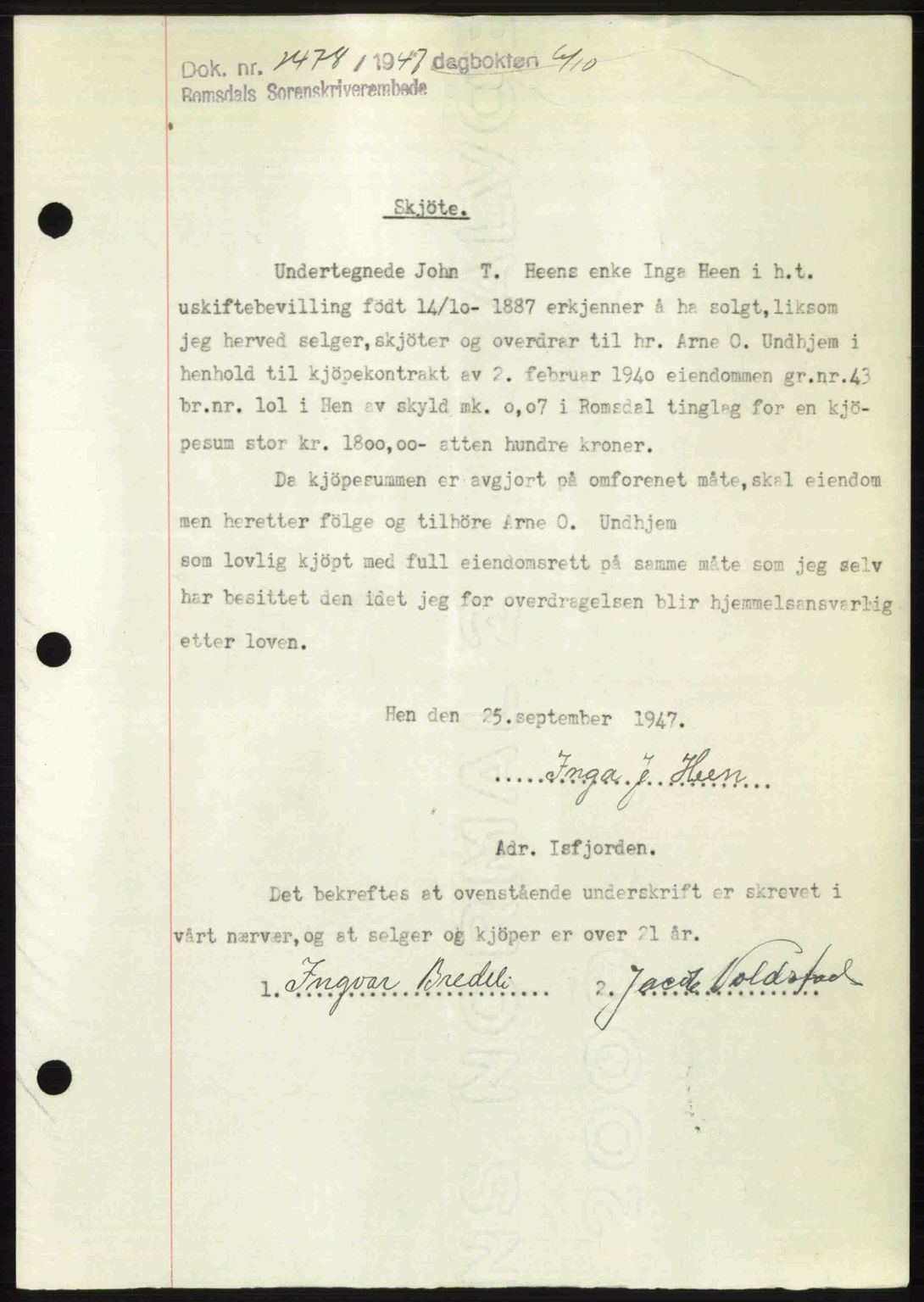 Romsdal sorenskriveri, AV/SAT-A-4149/1/2/2C: Mortgage book no. A24, 1947-1947, Diary no: : 2478/1947